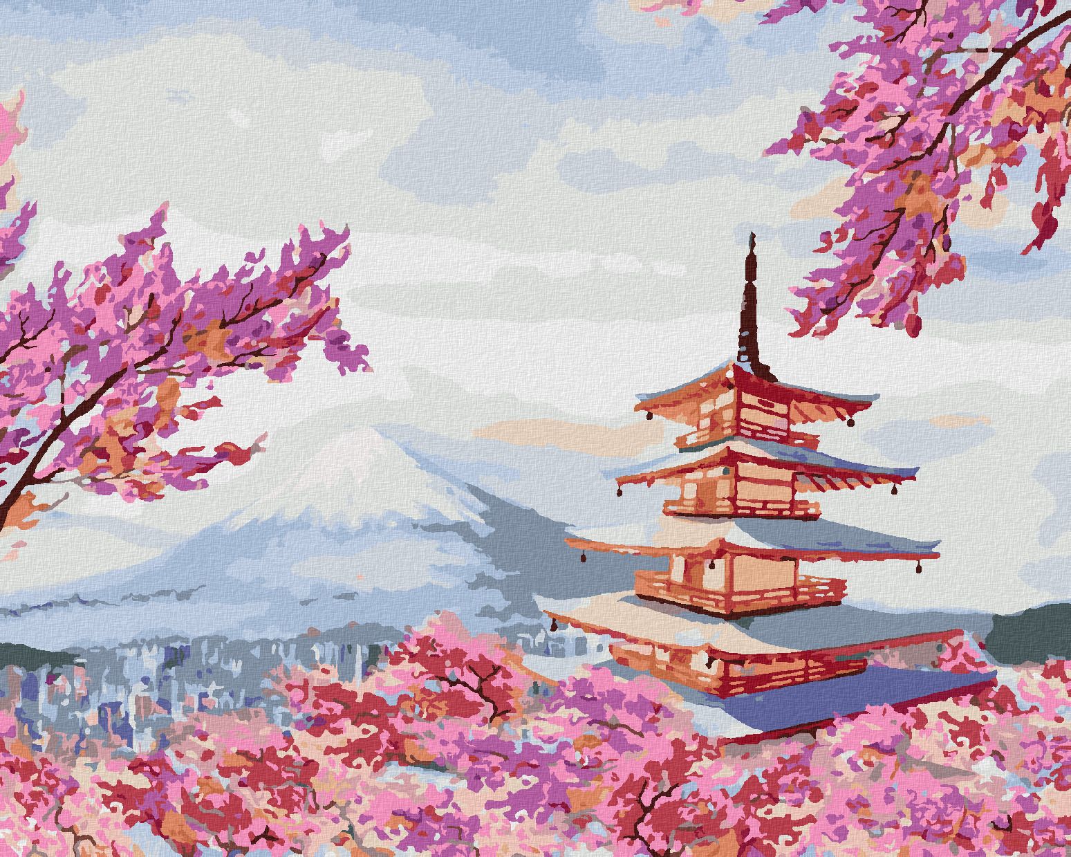 zuty Malování podle čísel - JAPONSKO CHRÁM A RŮŽOVÉ KVĚTINY - Rozměr: 40x50 cm, Rámování: Varianta: bez rámu a bez vypnutí plátna - obrázek 1