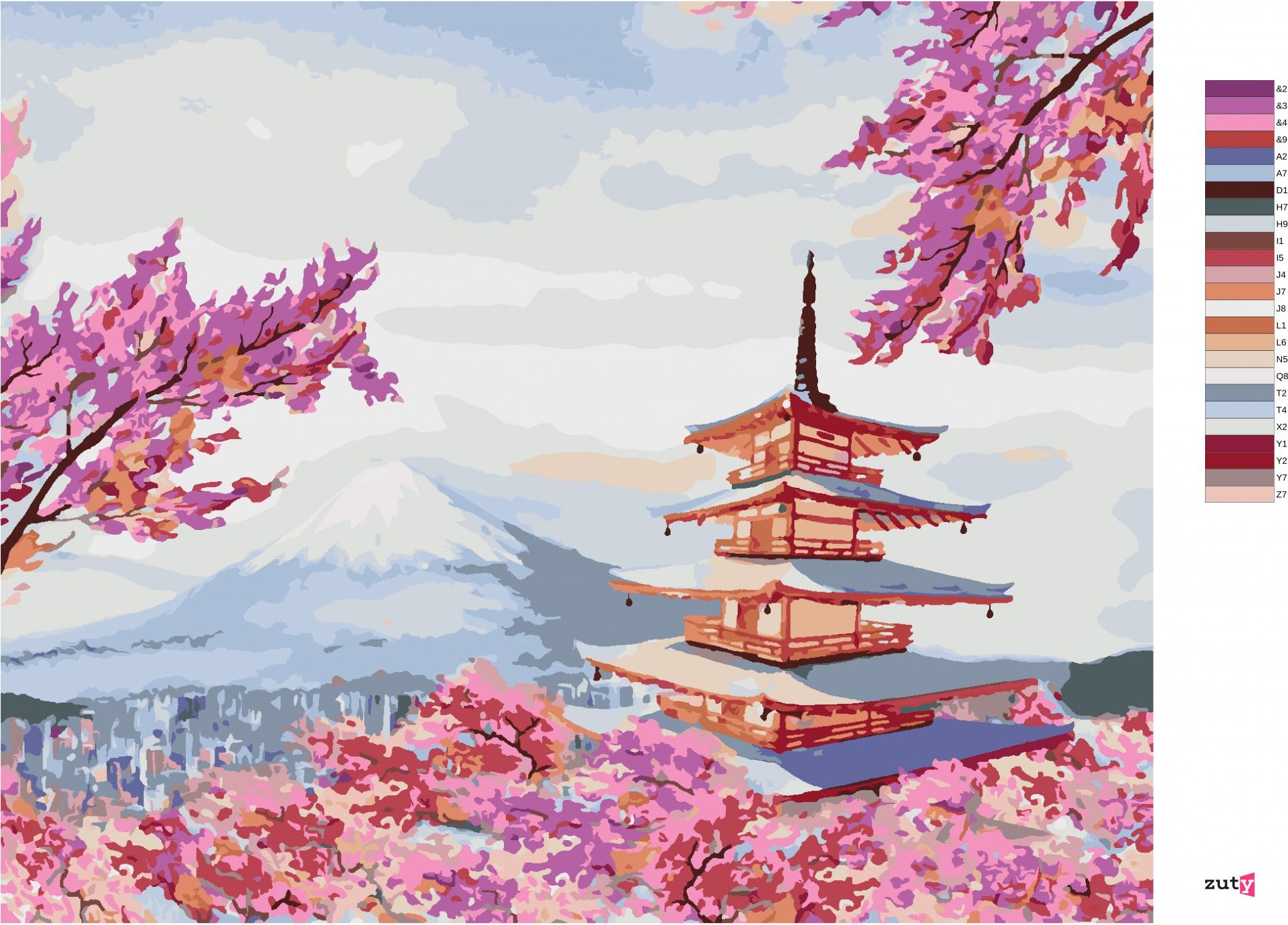 zuty Malování podle čísel - JAPONSKO CHRÁM A RŮŽOVÉ KVĚTINY - Rozměr: 40x50 cm, Rámování: Varianta: bez rámu a bez vypnutí plátna - obrázek 4