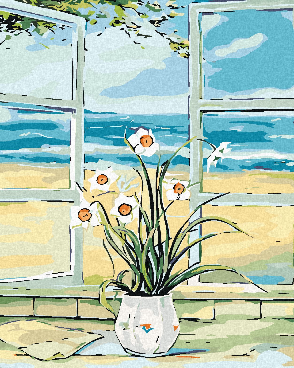 zuty Malování podle čísel - NARCIS V OKNĚ U PLÁŽE - Rozměr: 40x50 cm, Rámování: Varianta: bez rámu a bez vypnutí plátna - obrázek 1