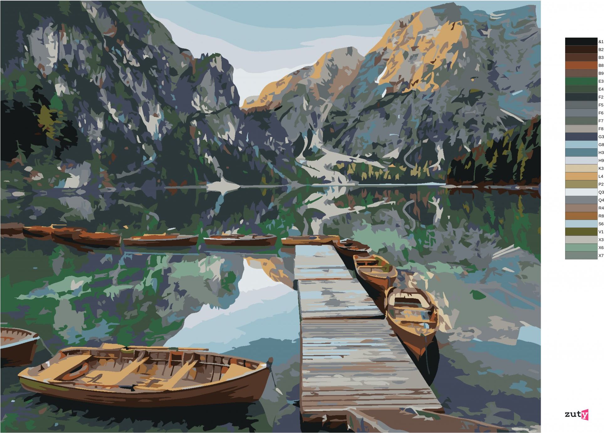 zuty Malování podle čísel - LOĎKY NA HORSKÉM JEZEŘE - Rozměr: 40x50 cm, Rámování: Varianta: vypnuté plátno na rám - obrázek 3