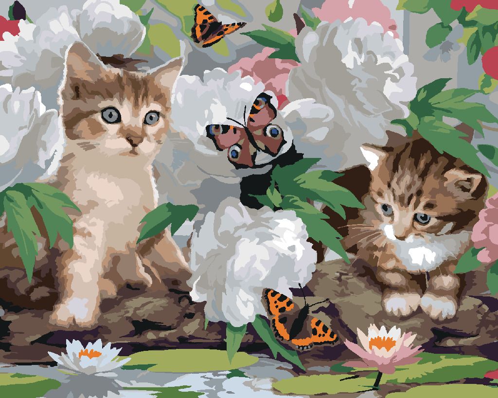 zuty Malování podle čísel - KOČKY, MOTÝLCI A BÍLÉ PIVOŇKY (HOWARD ROBINSON) - Rozměr: 40x50 cm, Rámování: Varianta: bez rámu a bez vypnutí plátna - obrázek 3