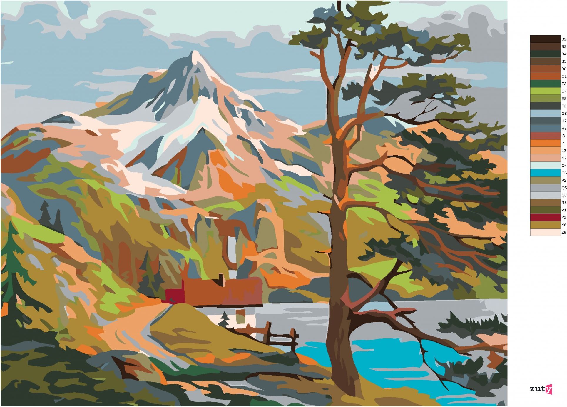 zuty Malování podle čísel - DOMEK U JEZERA POD HORAMI - Rozměr: 40x50 cm, Rámování: Varianta: bez rámu a bez vypnutí plátna - obrázek 2