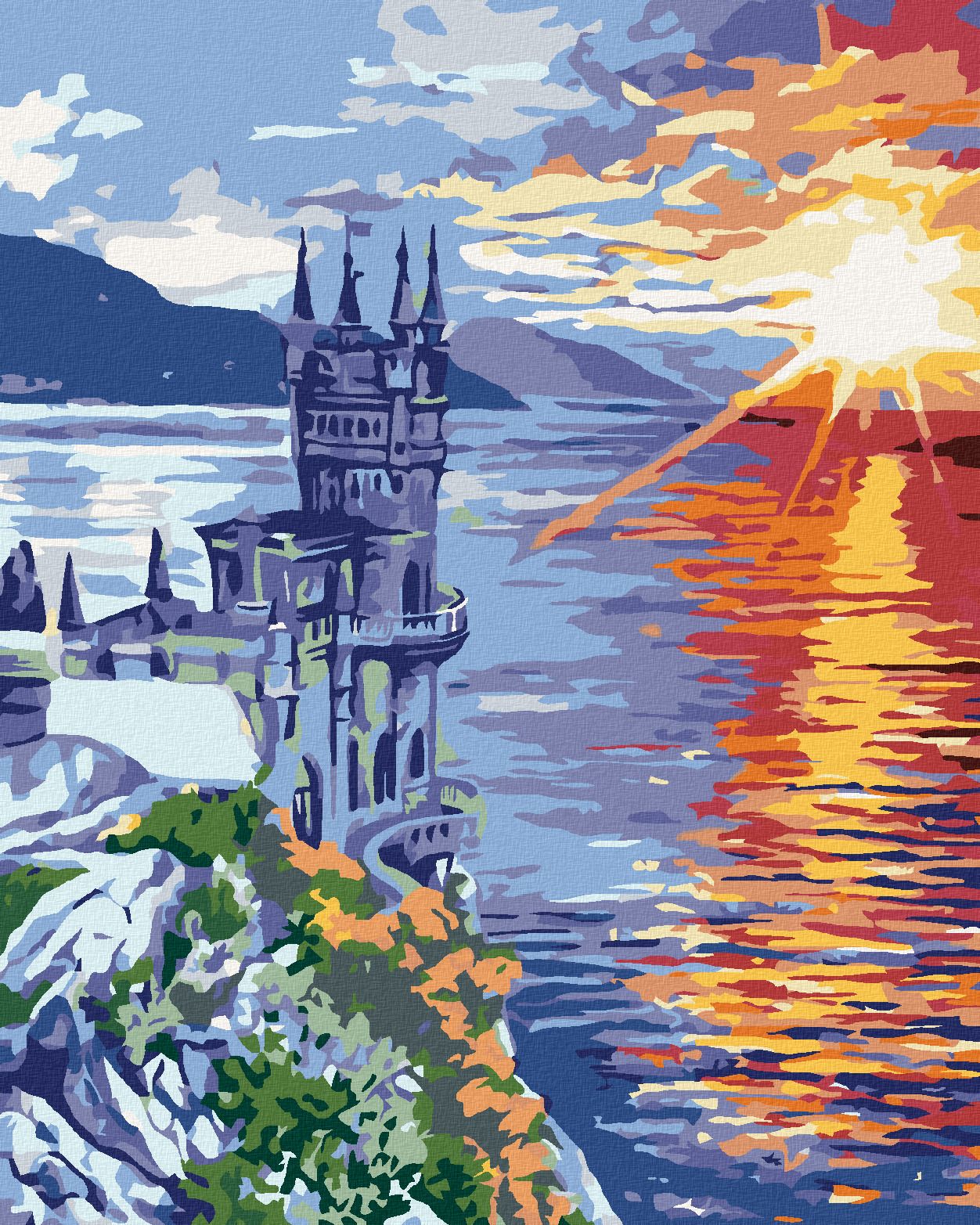 zuty Malování podle čísel - ZÁMEK NA SKÁLE A VÝCHOD SLUNCE - Rozměr: 40x50 cm, Rámování: Varianta: bez rámu a bez vypnutí plátna - obrázek 1