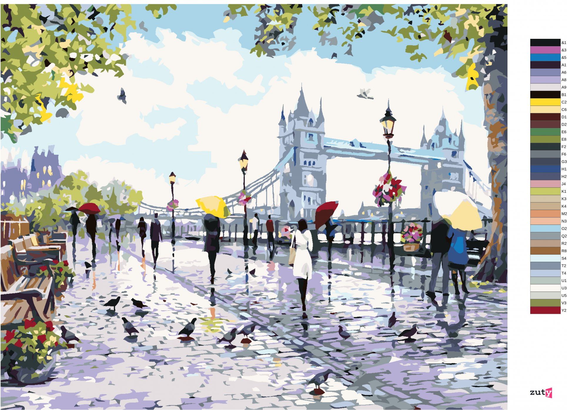 zuty Malování podle čísel - LIDÉ U TOWER BRIDGE (RICHARD MACNEIL) - Rozměr: 40x50 cm, Rámování: Varianta: bez rámu a bez vypnutí plátna - obrázek 3