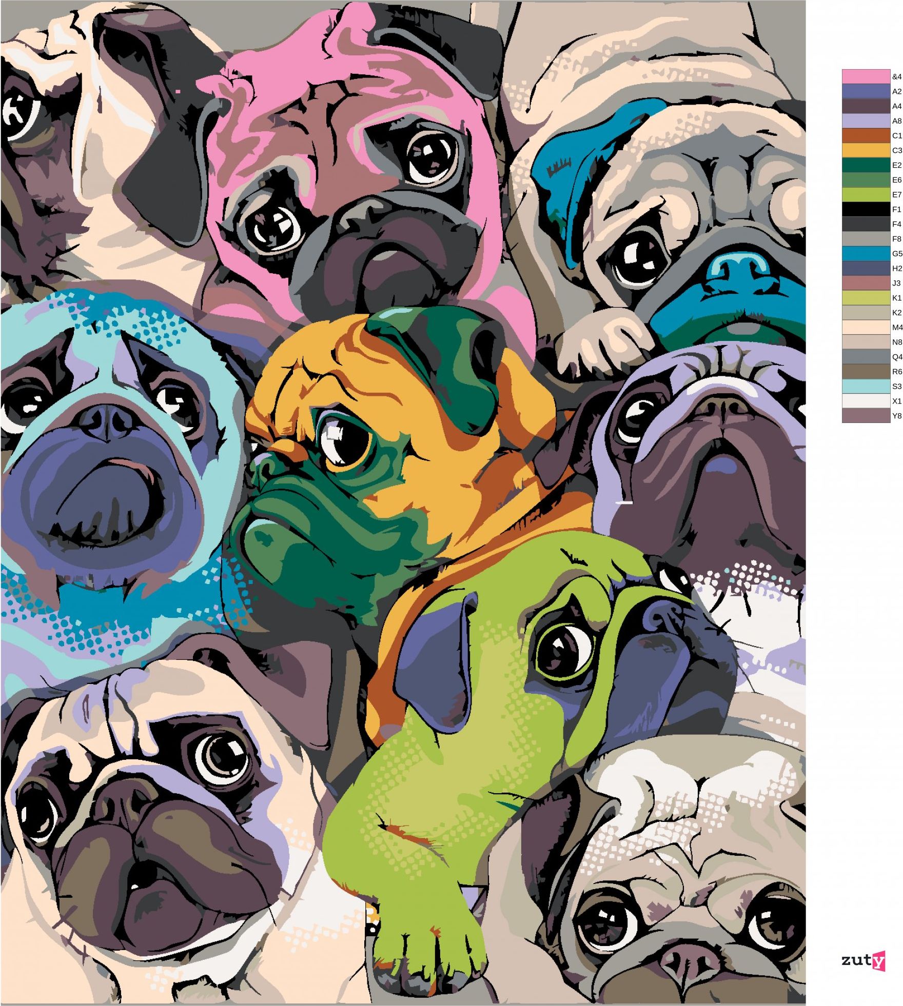 zuty Malování podle čísel - BAREVNÍ MOPSI - Rozměr: 40x50 cm, Rámování: Varianta: vypnuté plátno na rám - obrázek 8