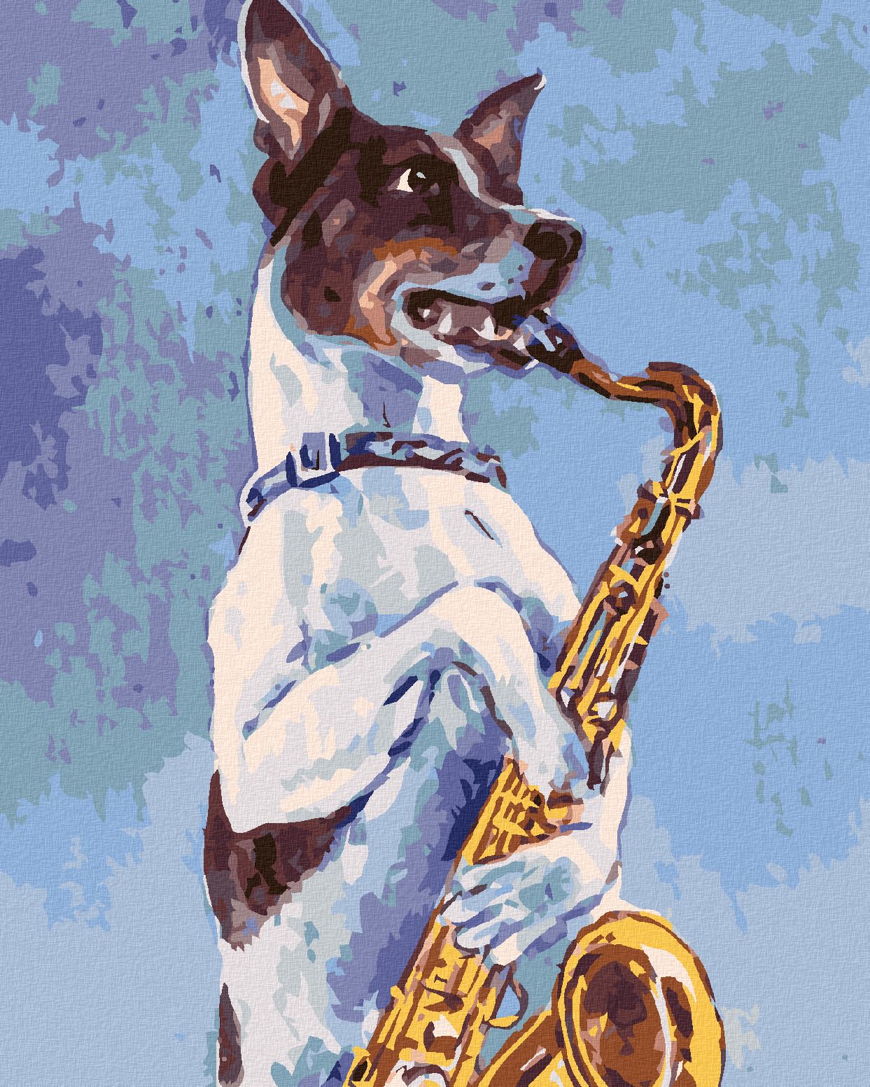 zuty Malování podle čísel - PES HRAJE NA SAXOFON - Rozměr: 40x50 cm, Rámování: Varianta: bez rámu a bez vypnutí plátna - obrázek 1