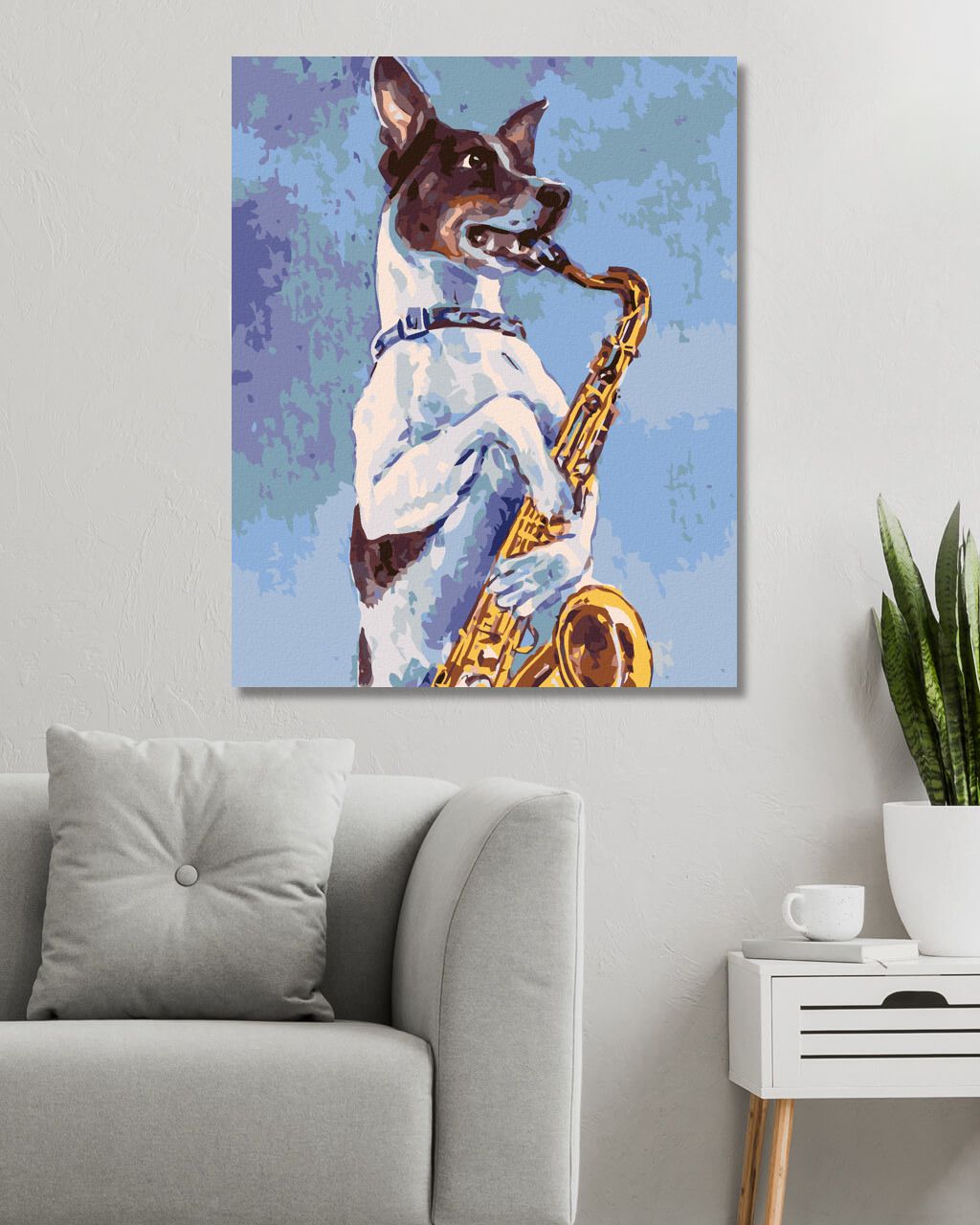 zuty Malování podle čísel - PES HRAJE NA SAXOFON - Rozměr: 40x50 cm, Rámování: Varianta: bez rámu a bez vypnutí plátna - obrázek 4