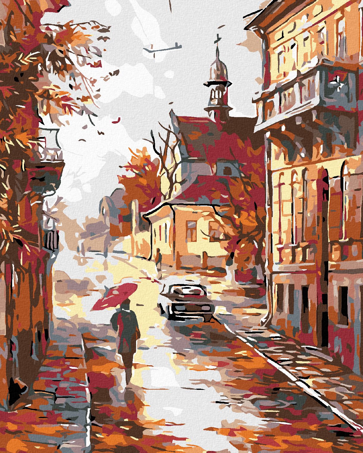 zuty Malování podle čísel - PODZIMNÍ ULICE NA KONCI MĚSTA - Rozměr: 40x50 cm, Rámování: Varianta: bez rámu a bez vypnutí plátna - obrázek 1