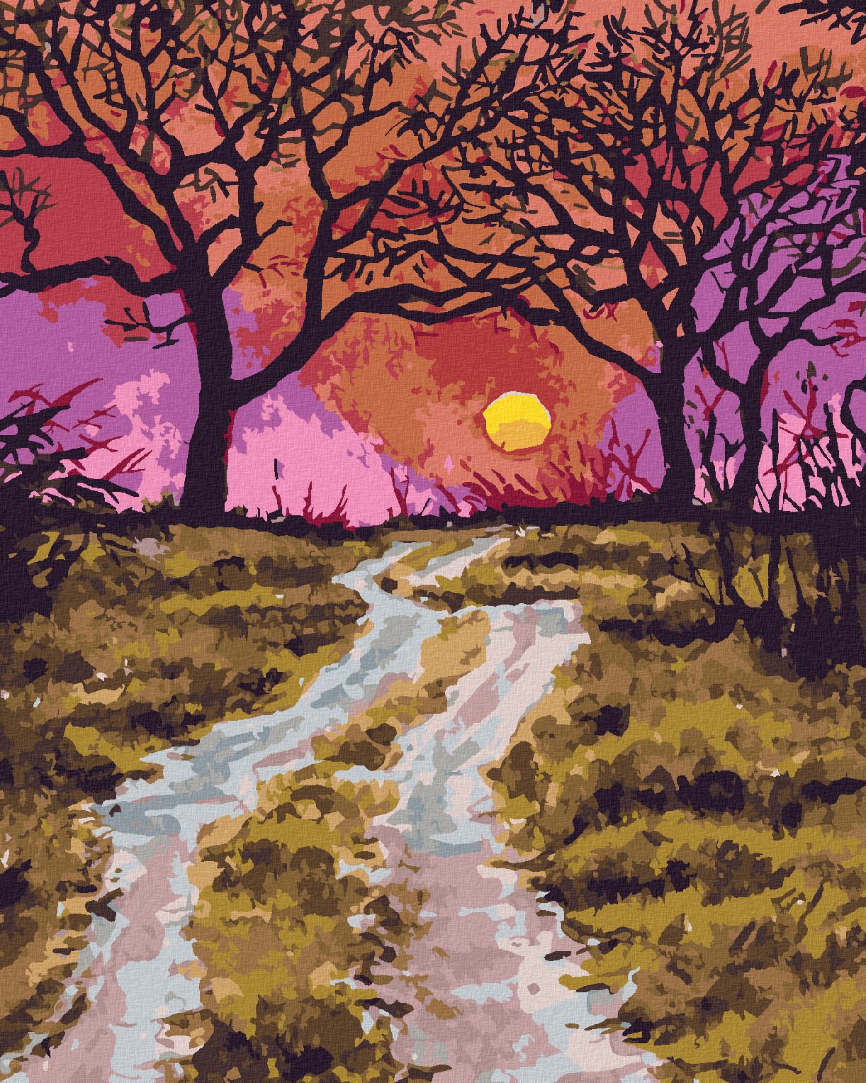 zuty Malování podle čísel - CESTIČKA NA PODZIM A ZÁPAD SLUNCE - Rozměr: 40x50 cm, Rámování: Varianta: vypnuté plátno na rám - obrázek 1