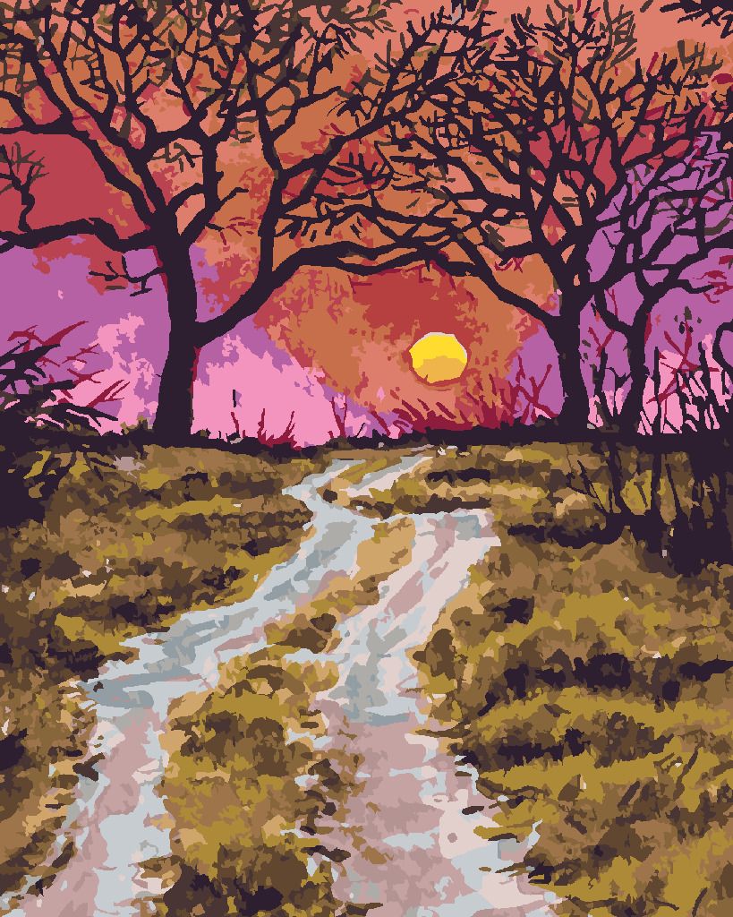 zuty Malování podle čísel - CESTIČKA NA PODZIM A ZÁPAD SLUNCE - Rozměr: 40x50 cm, Rámování: Varianta: vypnuté plátno na rám - obrázek 2