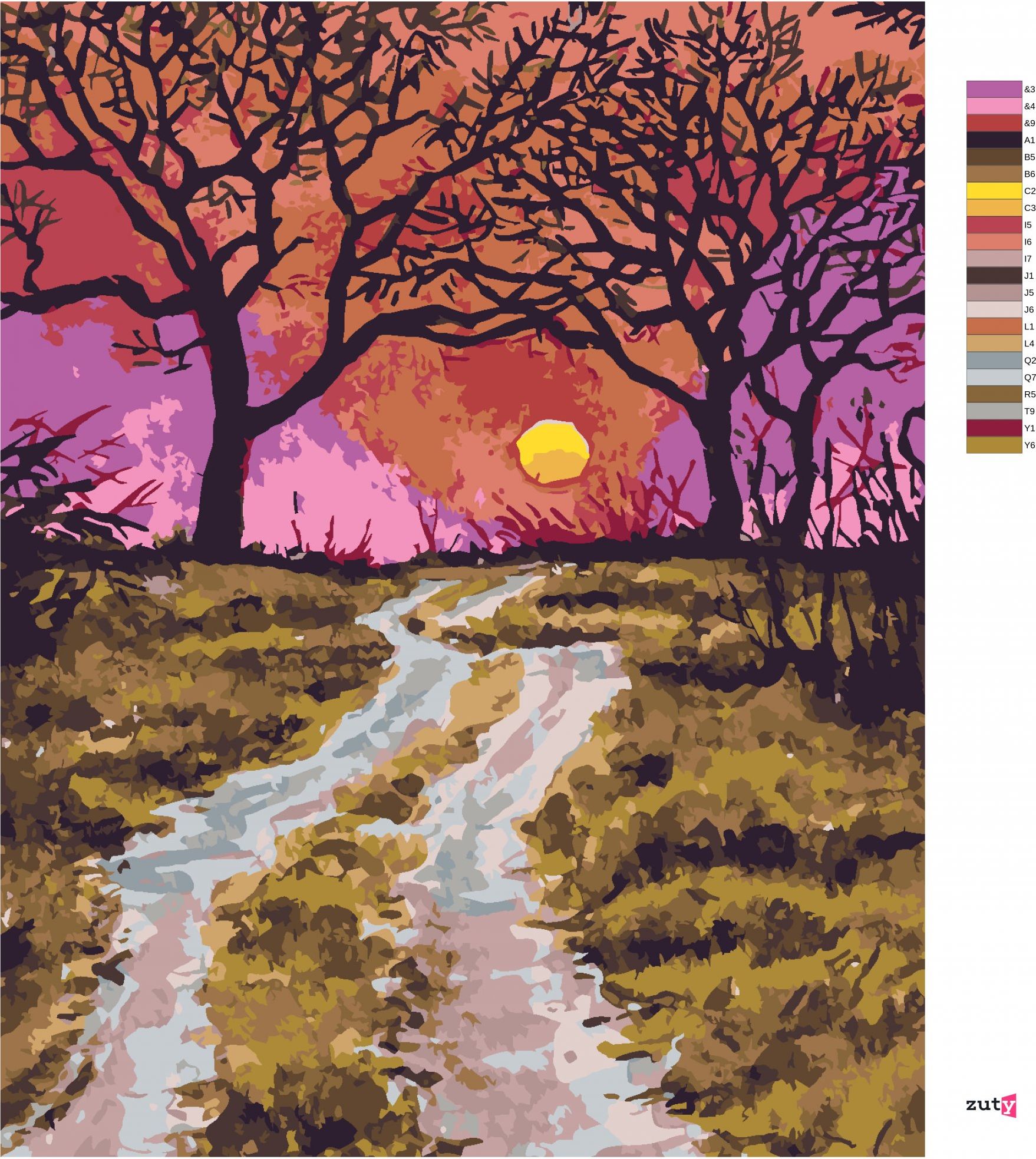 zuty Malování podle čísel - CESTIČKA NA PODZIM A ZÁPAD SLUNCE - Rozměr: 40x50 cm, Rámování: Varianta: vypnuté plátno na rám - obrázek 7