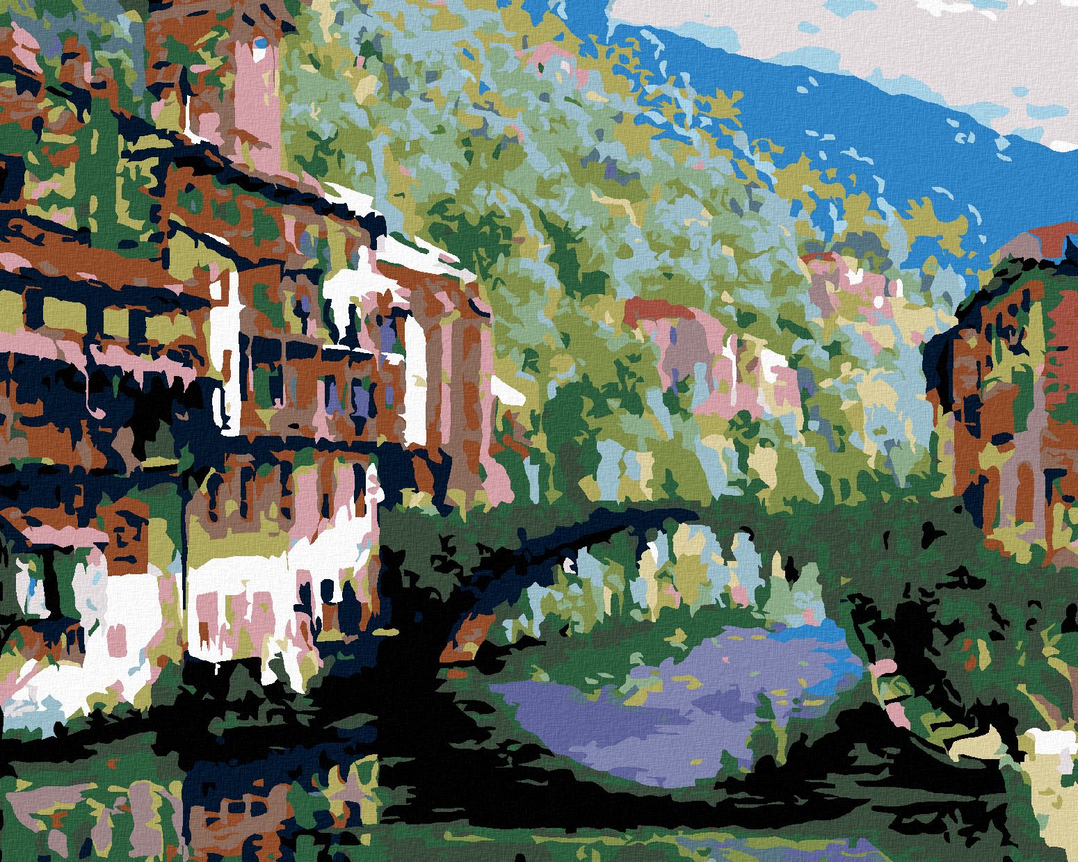 zuty Malování podle čísel - ŘEKA MEZI DOMY A OBROSTLÝ MŮSTEK - Rozměr: 40x50 cm, Rámování: Varianta: vypnuté plátno na rám - obrázek 1