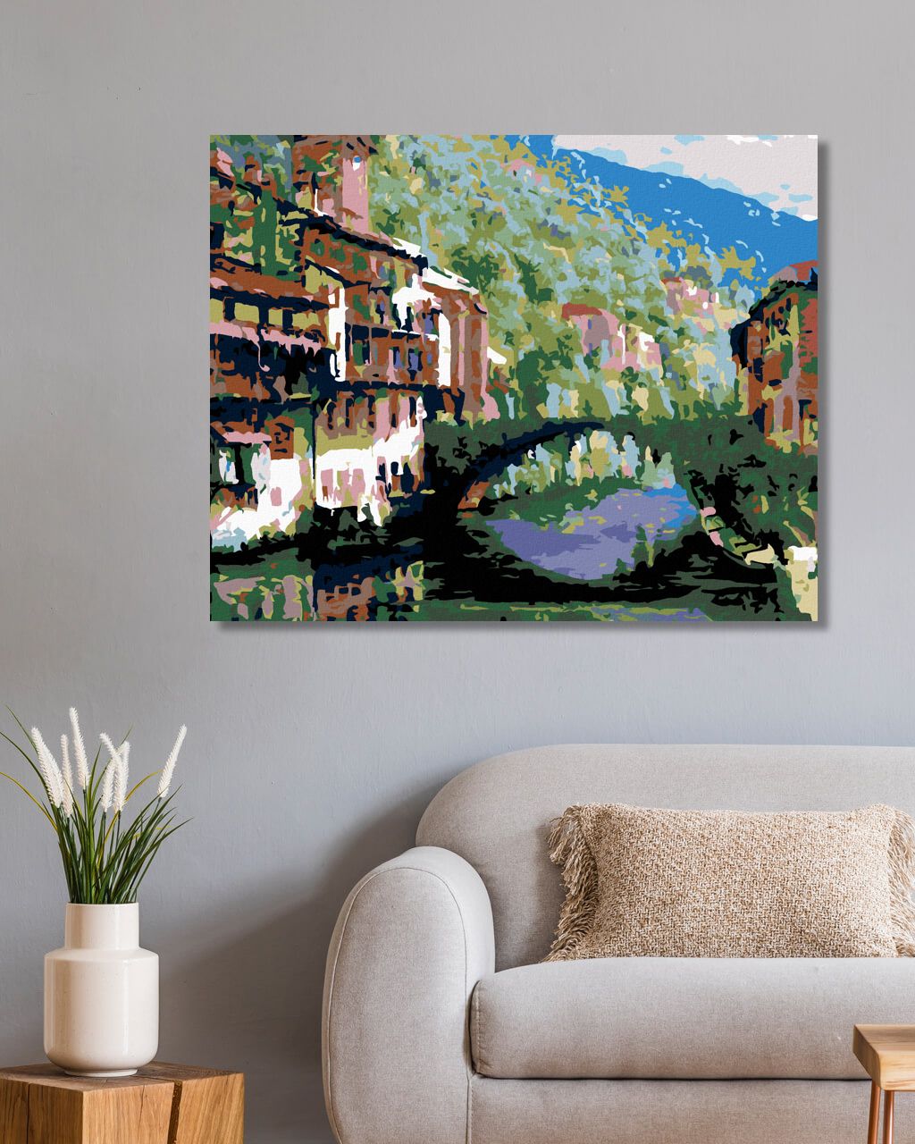 zuty Malování podle čísel - ŘEKA MEZI DOMY A OBROSTLÝ MŮSTEK - Rozměr: 40x50 cm, Rámování: Varianta: vypnuté plátno na rám - obrázek 8