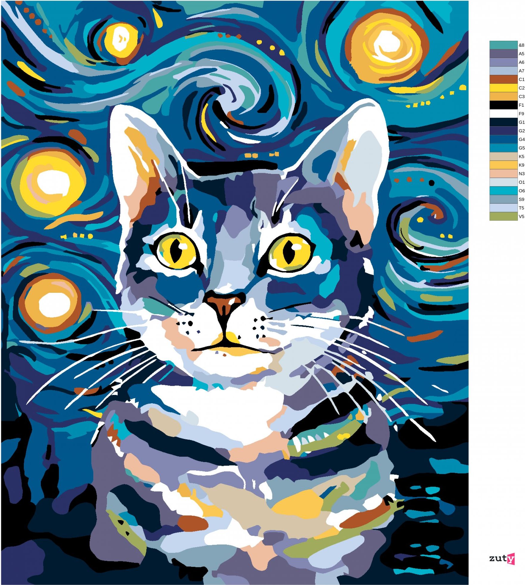 zuty Malování podle čísel - KOCOUREK POD NOČNÍ OBLOHOU - Rozměr: 40x50 cm, Rámování: Varianta: vypnuté plátno na rám - obrázek 4