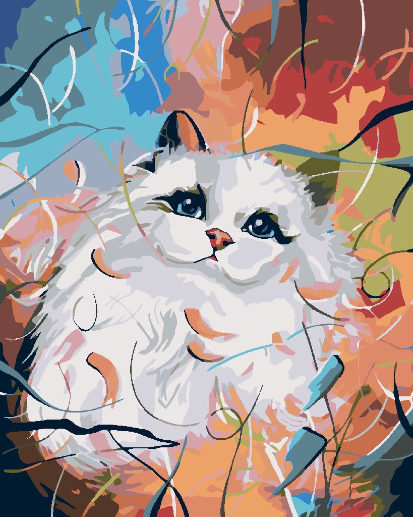 zuty Malování podle čísel - BÍLÁ KOČIČKA A BAREVNÉ POZADÍ - Rozměr: 40x50 cm, Rámování: Varianta: bez rámu a bez vypnutí plátna - obrázek 6