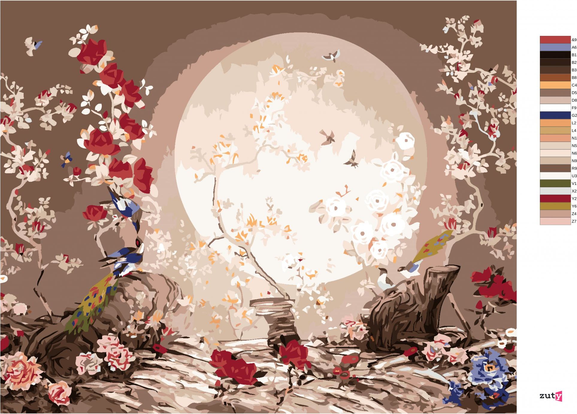 zuty Malování podle čísel - JAPONSKO MĚSÍČNÍ KRAJINA S PTÁČKY - Rozměr: 40x50 cm, Rámování: Varianta: vypnuté plátno na rám - obrázek 2