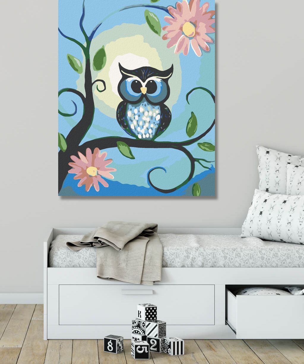 zuty Malování podle čísel - MODRÁ SOVIČKA A KVĚTINY - Rozměr: 40x50 cm, Rámování: Varianta: bez rámu a bez vypnutí plátna - obrázek 2