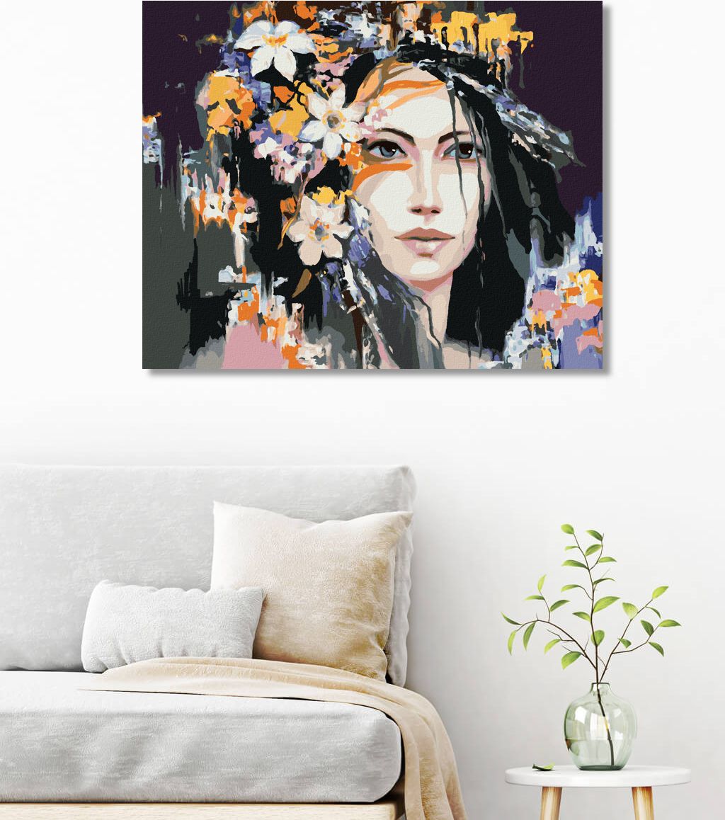 zuty Malování podle čísel - ŽENA A ABSTRAKTNÍ KVĚTINOVÁ KORUNA - Rozměr: 40x50 cm, Rámování: Varianta: vypnuté plátno na rám - obrázek 6