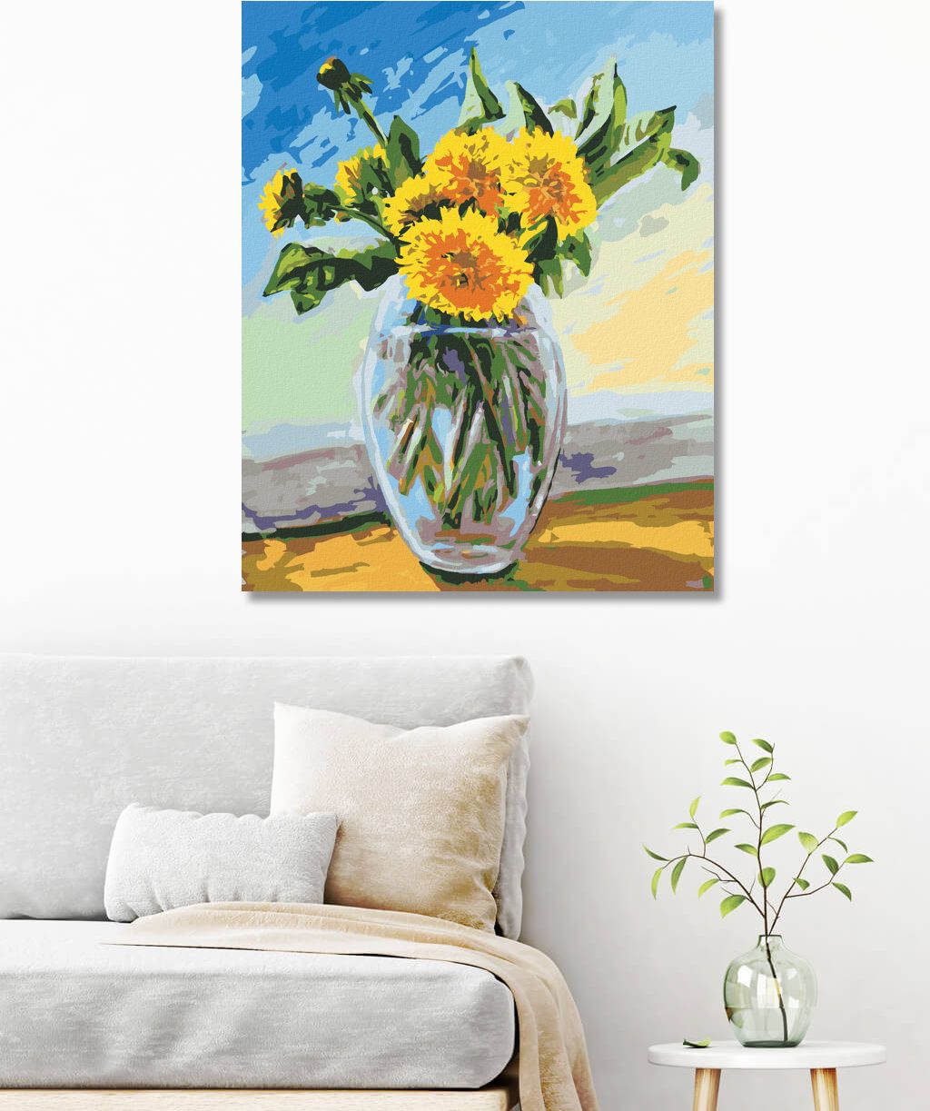 zuty Malování podle čísel - PAMPELIŠKY VE SKLENĚNÉ VÁZE - Rozměr: 40x50 cm, Rámování: Varianta: vypnuté plátno na rám - obrázek 4