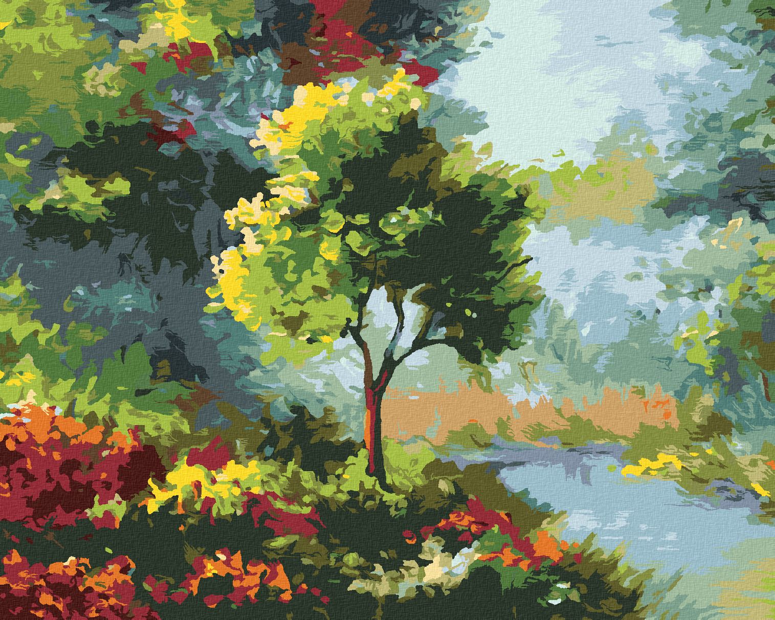 zuty Malování podle čísel - STROM MEZI KVĚTINAMI U ŘEKY - Rozměr: 40x50 cm, Rámování: Varianta: vypnuté plátno na rám - obrázek 1