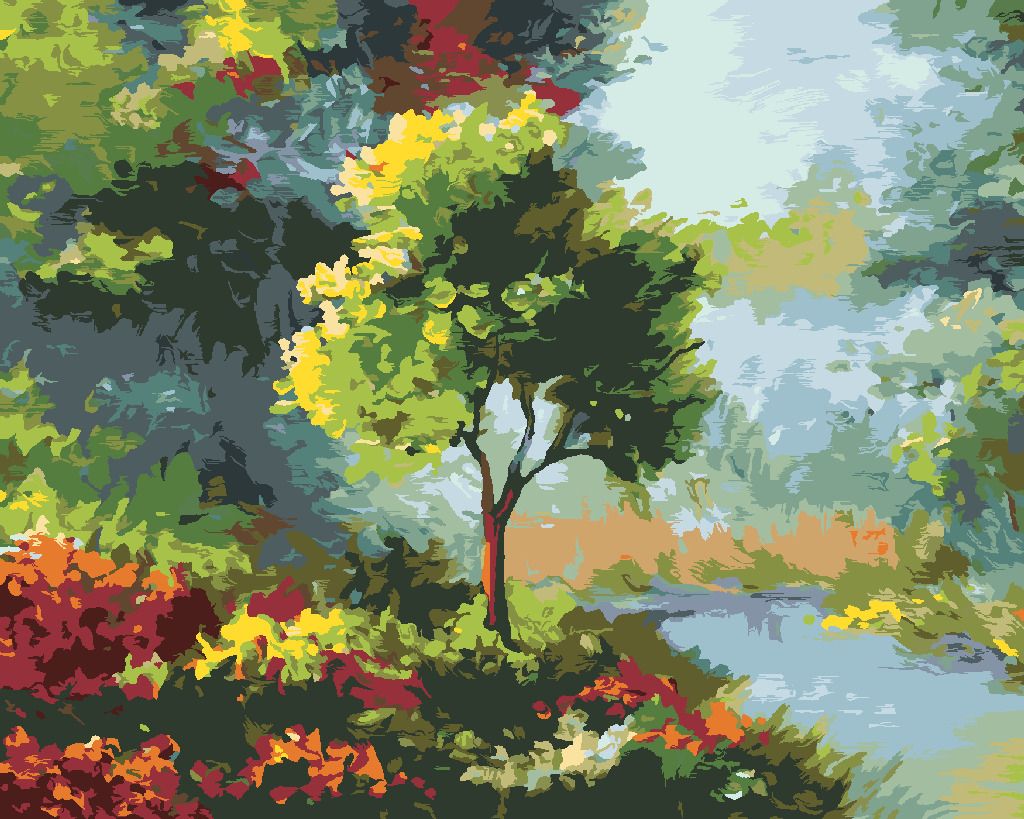 zuty Malování podle čísel - STROM MEZI KVĚTINAMI U ŘEKY - Rozměr: 40x50 cm, Rámování: Varianta: vypnuté plátno na rám - obrázek 2