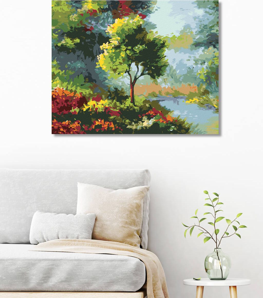 zuty Malování podle čísel - STROM MEZI KVĚTINAMI U ŘEKY - Rozměr: 40x50 cm, Rámování: Varianta: vypnuté plátno na rám - obrázek 3