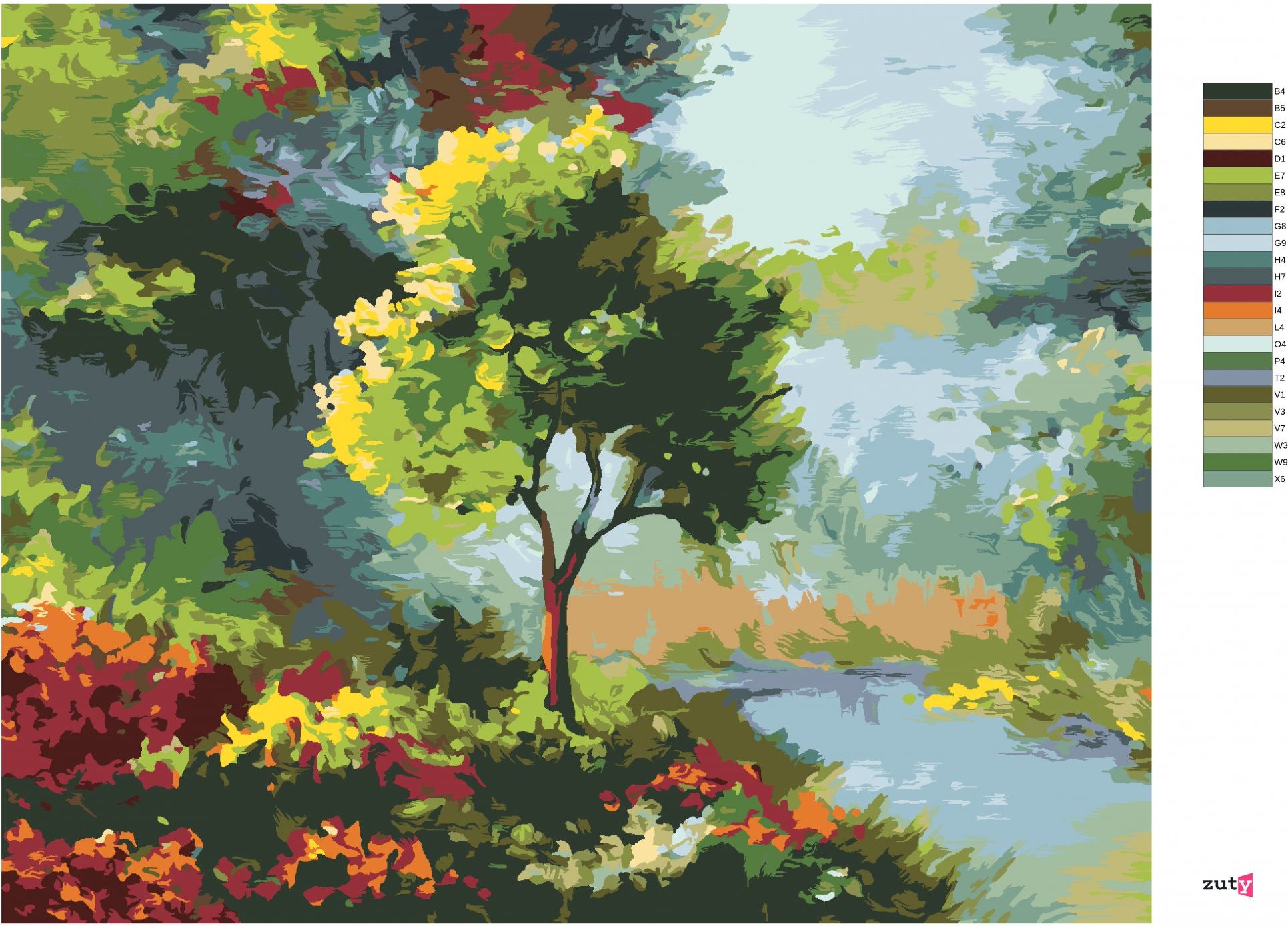 zuty Malování podle čísel - STROM MEZI KVĚTINAMI U ŘEKY - Rozměr: 40x50 cm, Rámování: Varianta: vypnuté plátno na rám - obrázek 4