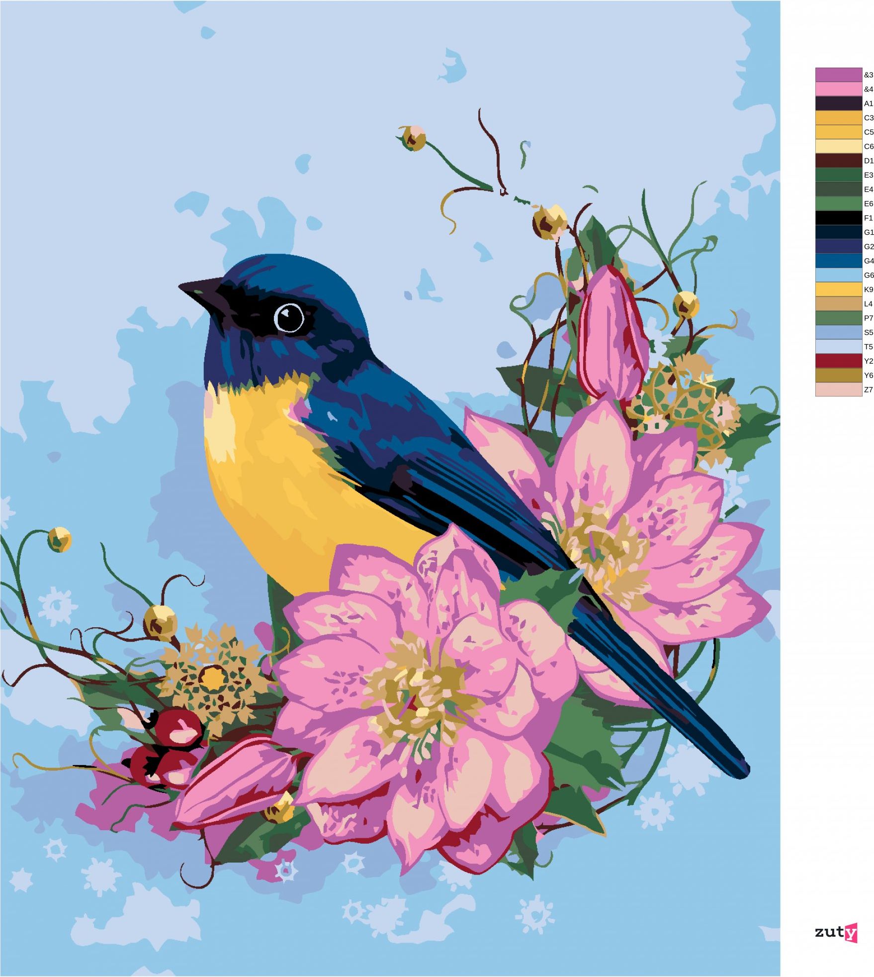 zuty Malování podle čísel - MODRÝ PTÁK A RŮŽOVÉ KVĚTY - Rozměr: 40x50 cm, Rámování: Varianta: bez rámu a bez vypnutí plátna - obrázek 10