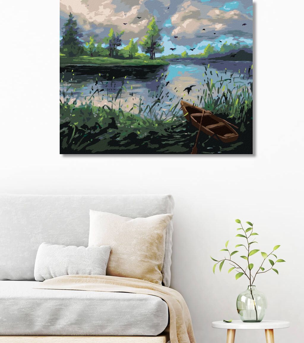 zuty Malování podle čísel - LESNÍ KRAJINA S LOĎKOU - Rozměr: 40x50 cm, Rámování: Varianta: vypnuté plátno na rám - obrázek 2