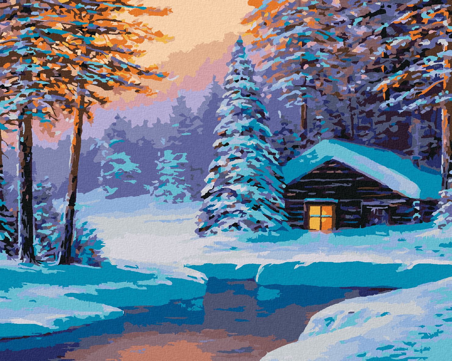 zuty Malování podle čísel - SRUB V ZASNĚŽENÉM LESE - Rozměr: 40x50 cm, Rámování: Varianta: bez rámu a bez vypnutí plátna - obrázek 1