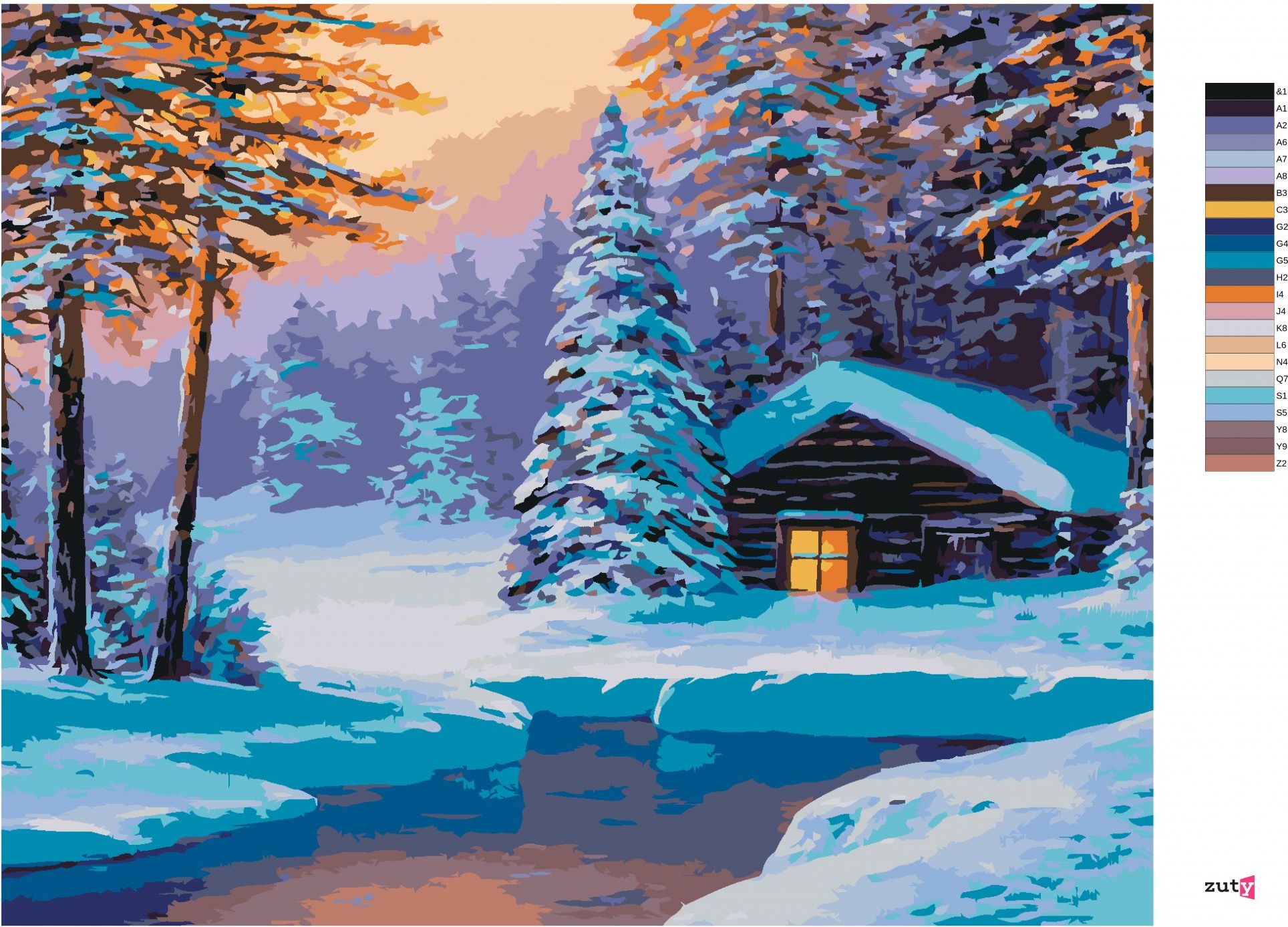 zuty Malování podle čísel - SRUB V ZASNĚŽENÉM LESE - Rozměr: 40x50 cm, Rámování: Varianta: bez rámu a bez vypnutí plátna - obrázek 9