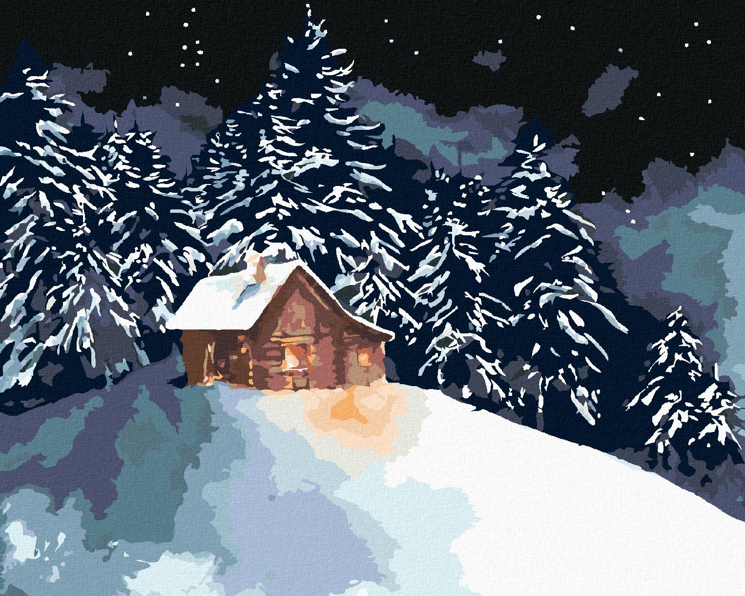 zuty Malování podle čísel - LESNÍ SRUB NA ZASNĚŽENÉM KOPEČKU - Rozměr: 40x50 cm, Rámování: Varianta: bez rámu a bez vypnutí plátna - obrázek 1