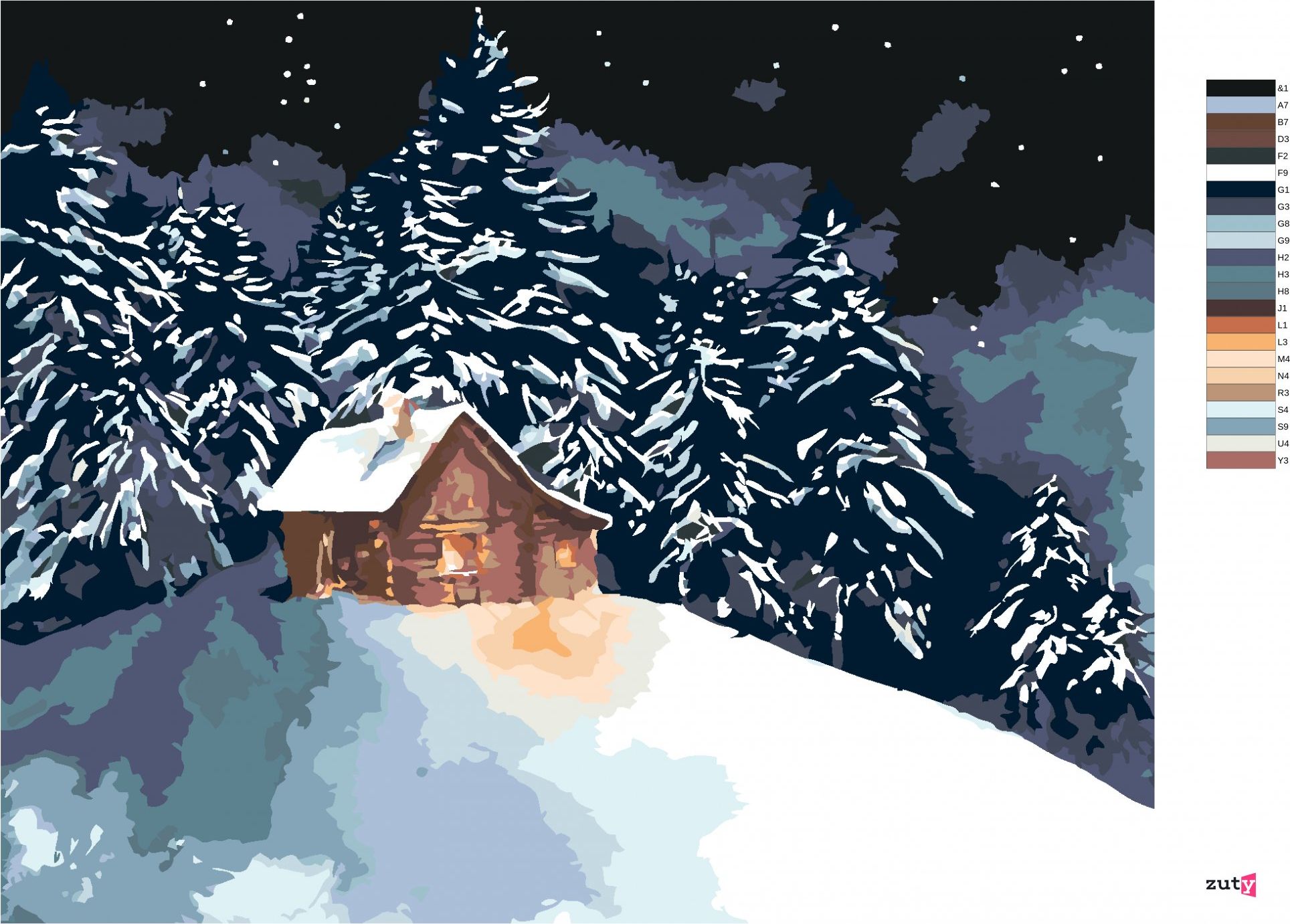 zuty Malování podle čísel - LESNÍ SRUB NA ZASNĚŽENÉM KOPEČKU - Rozměr: 40x50 cm, Rámování: Varianta: bez rámu a bez vypnutí plátna - obrázek 7