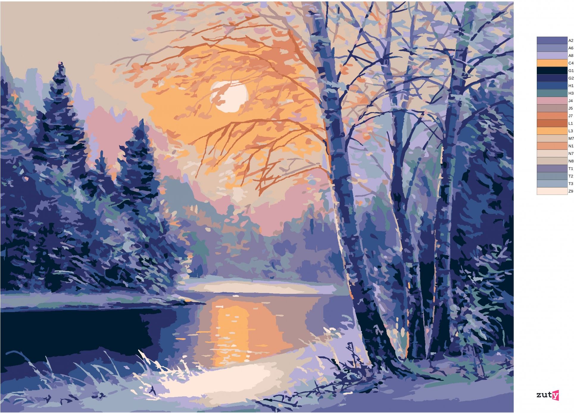 zuty Malování podle čísel - ZIMNÍ ŘEKA A HOLÉ STROMY - Rozměr: 40x50 cm, Rámování: Varianta: vypnuté plátno na rám - obrázek 8