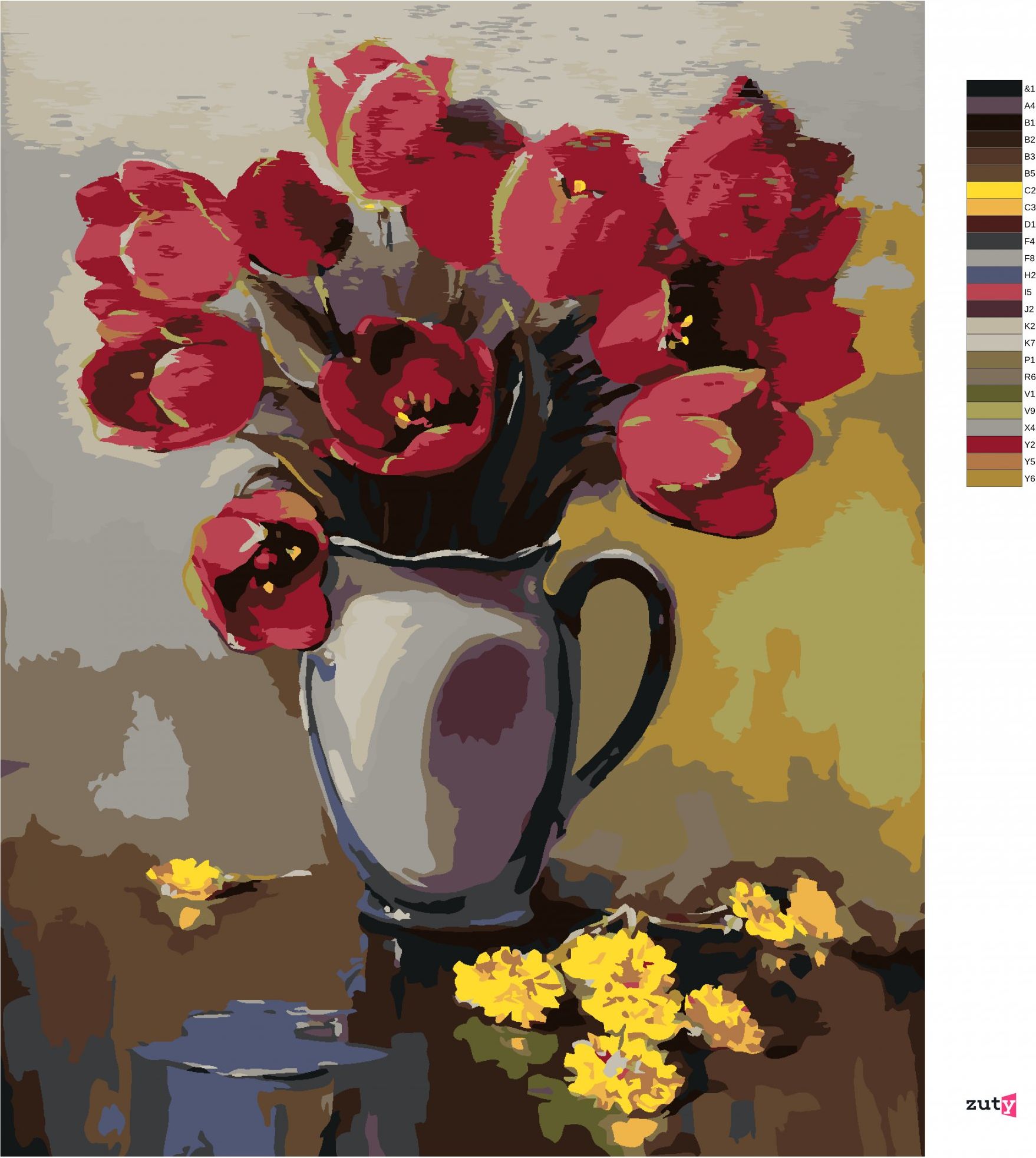 zuty Malování podle čísel - TULIPÁNY VE VÁZE A PAMPELIŠKY NA STOLE - Rozměr: 40x50 cm, Rámování: Varianta: bez rámu a bez vypnutí plátna - obrázek 6