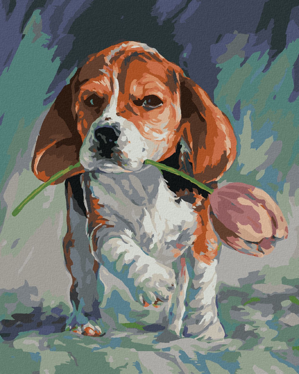 zuty Malování podle čísel - PEJSEK S TULIPÁNEM - Rozměr: 40x50 cm, Rámování: Varianta: bez rámu a bez vypnutí plátna - obrázek 1