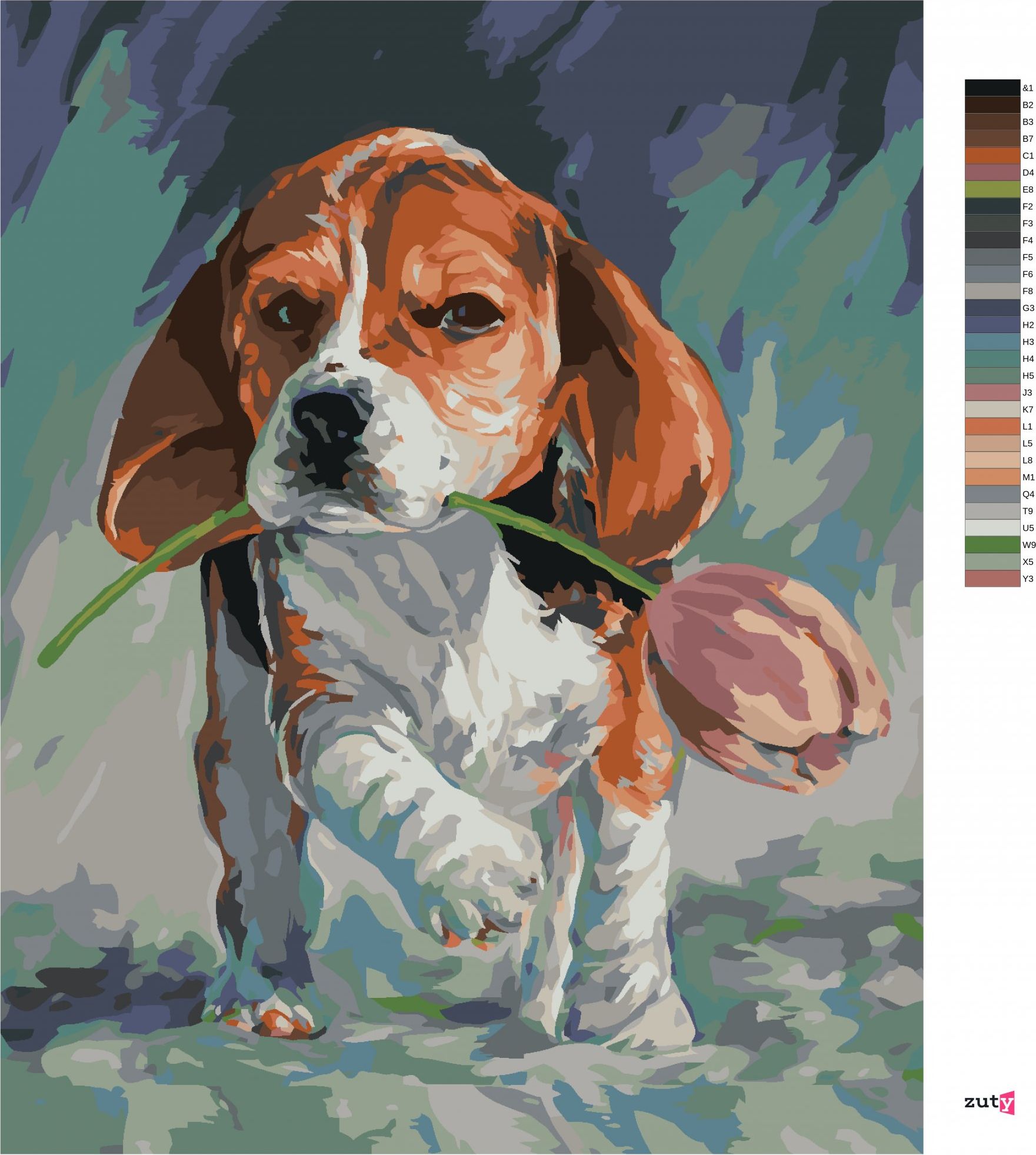 zuty Malování podle čísel - PEJSEK S TULIPÁNEM - Rozměr: 40x50 cm, Rámování: Varianta: bez rámu a bez vypnutí plátna - obrázek 2