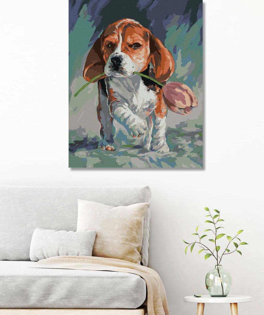 zuty Malování podle čísel - PEJSEK S TULIPÁNEM - Rozměr: 40x50 cm, Rámování: Varianta: bez rámu a bez vypnutí plátna - obrázek 6