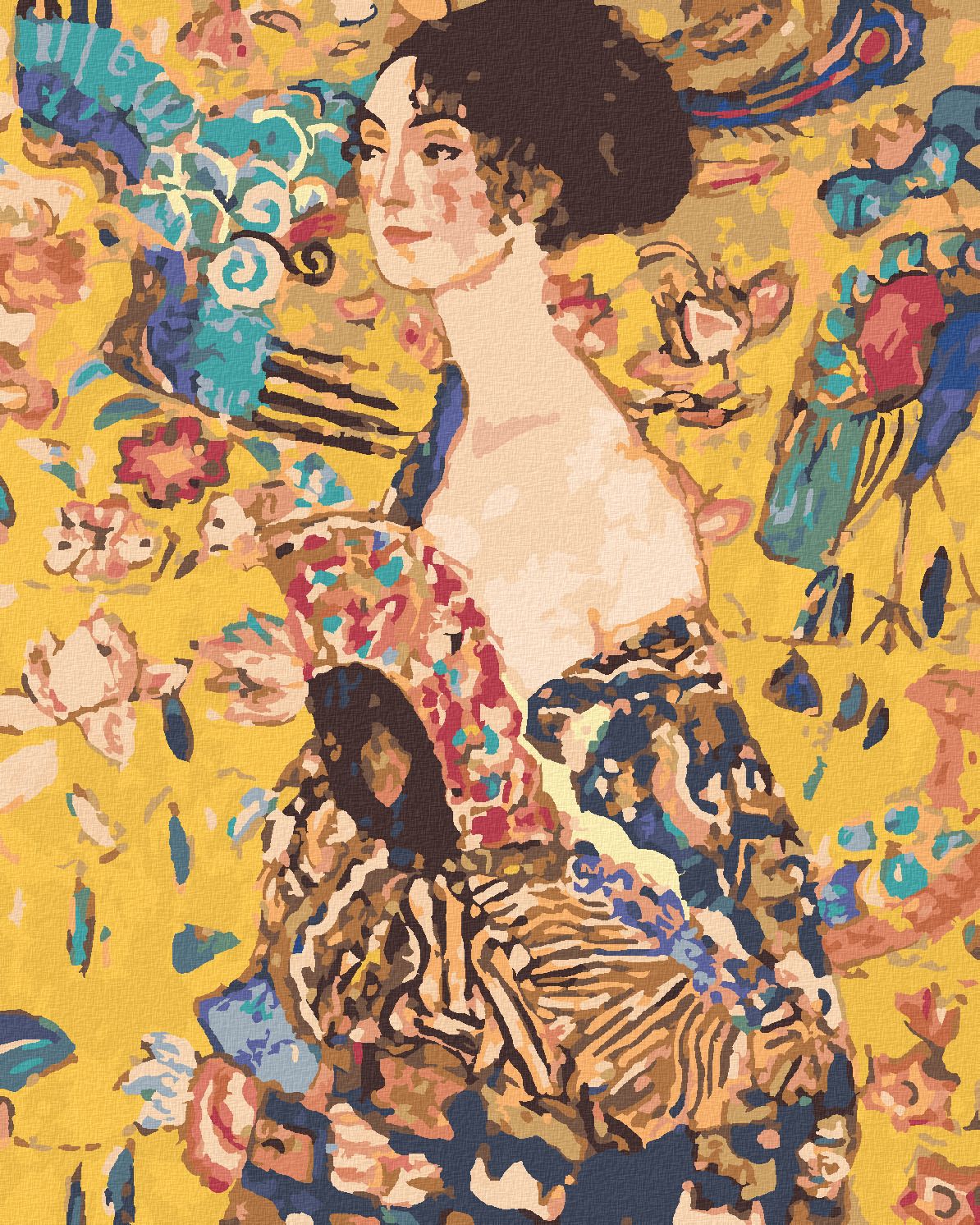 zuty Malování podle čísel - DÁMA S VĚJÍŘEM (G. KLIMT) - Rozměr: 40x50 cm, Rámování: Varianta: vypnuté plátno na rám - obrázek 1
