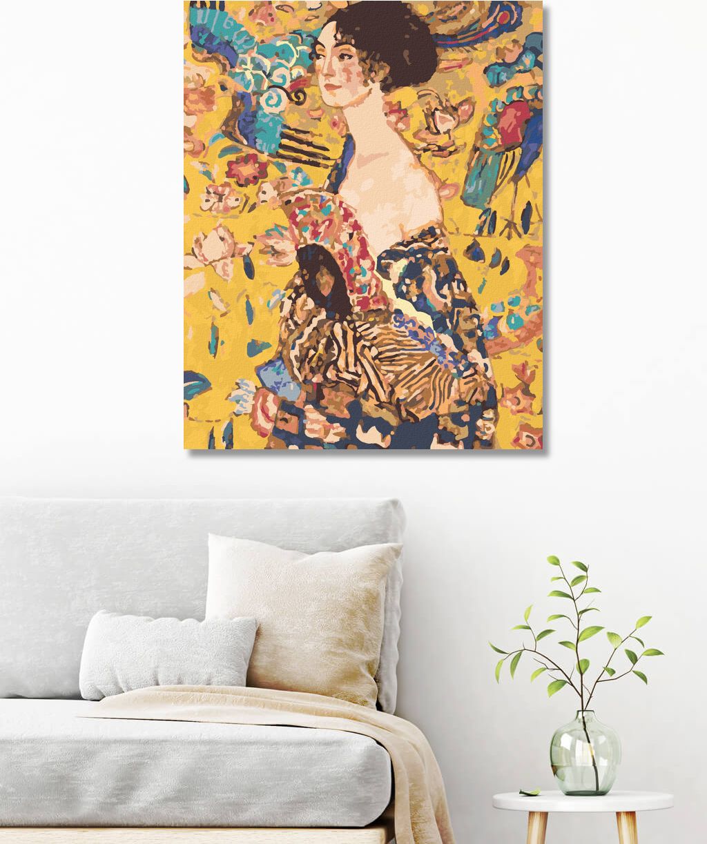 zuty Malování podle čísel - DÁMA S VĚJÍŘEM (G. KLIMT) - Rozměr: 40x50 cm, Rámování: Varianta: vypnuté plátno na rám - obrázek 2