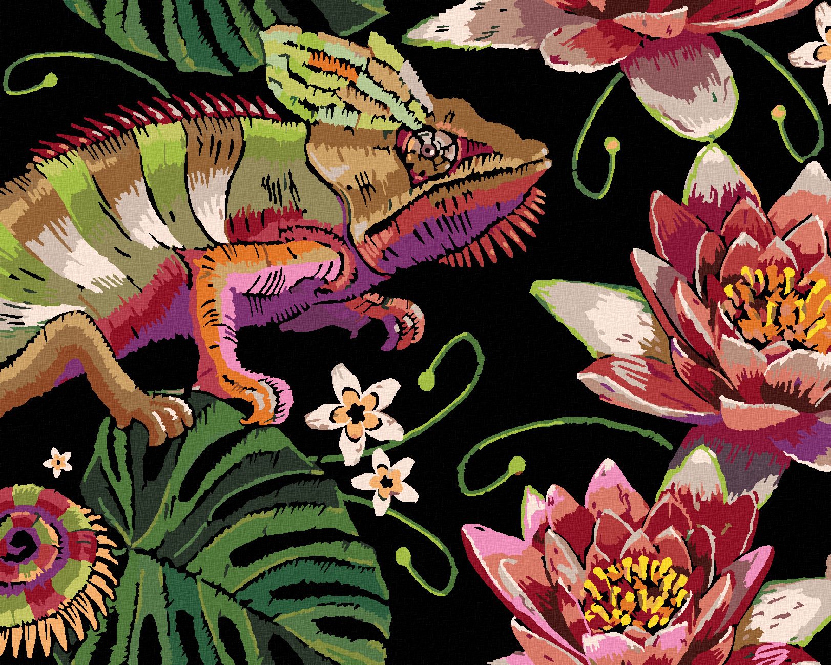 zuty Malování podle čísel - CHAMELEON MEZI LEKNÍNY - Rozměr: 40x50 cm, Rámování: Varianta: bez rámu a bez vypnutí plátna - obrázek 1