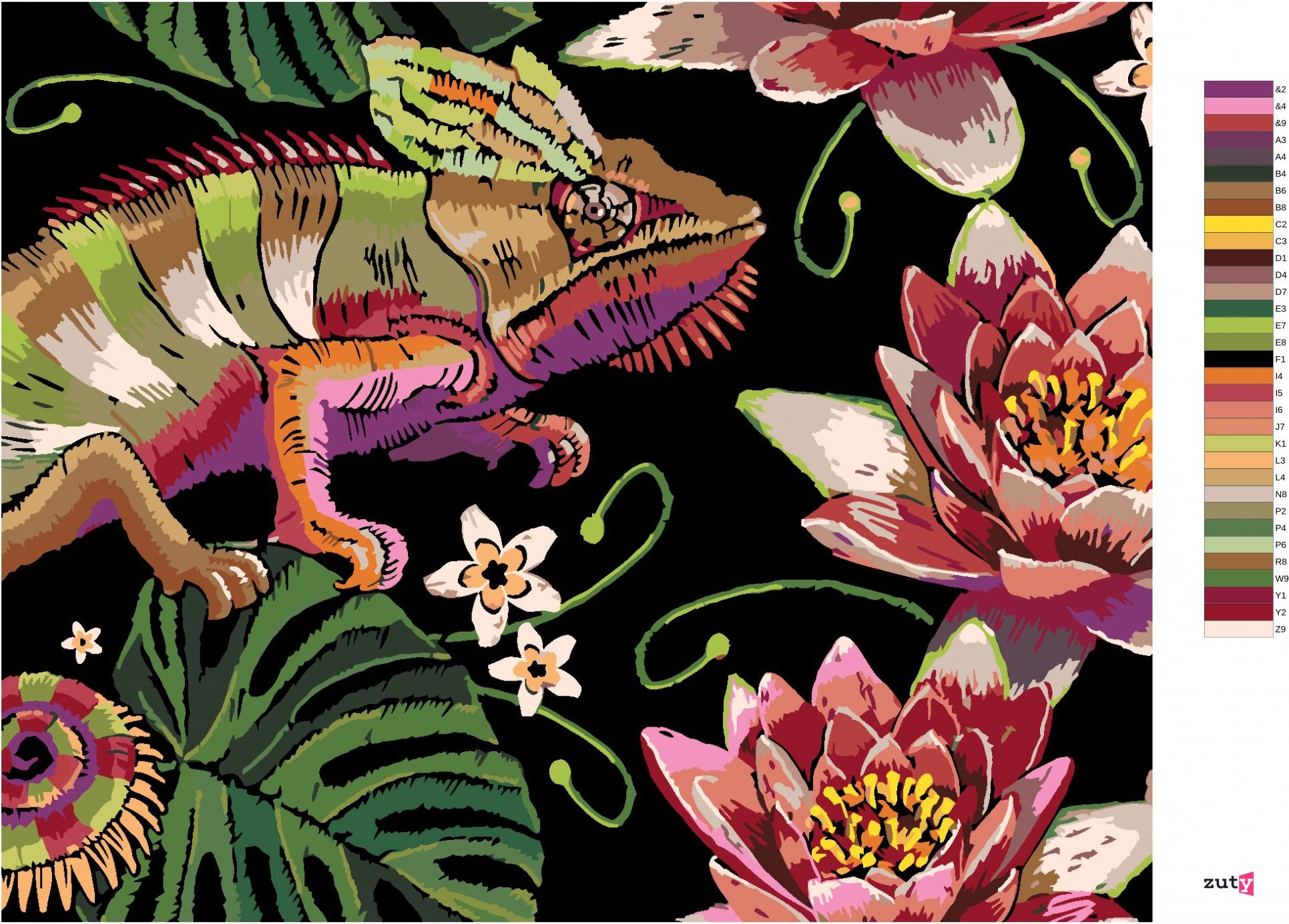 zuty Malování podle čísel - CHAMELEON MEZI LEKNÍNY - Rozměr: 40x50 cm, Rámování: Varianta: bez rámu a bez vypnutí plátna - obrázek 7