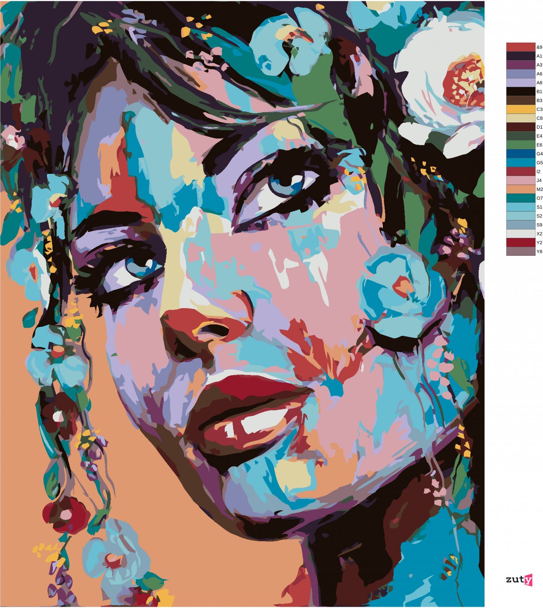 zuty Malování podle čísel - POP-ART PORTRÉT ŽENY S KVĚTINAMI - Rozměr: 40x50 cm, Rámování: Varianta: bez rámu a bez vypnutí plátna - obrázek 3
