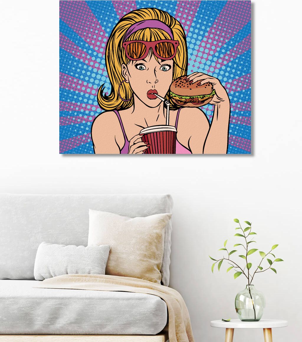 zuty Malování podle čísel - POP-ART ŽENA VE FASTFOODU - Rozměr: 40x50 cm, Rámování: Varianta: bez rámu a bez vypnutí plátna - obrázek 4