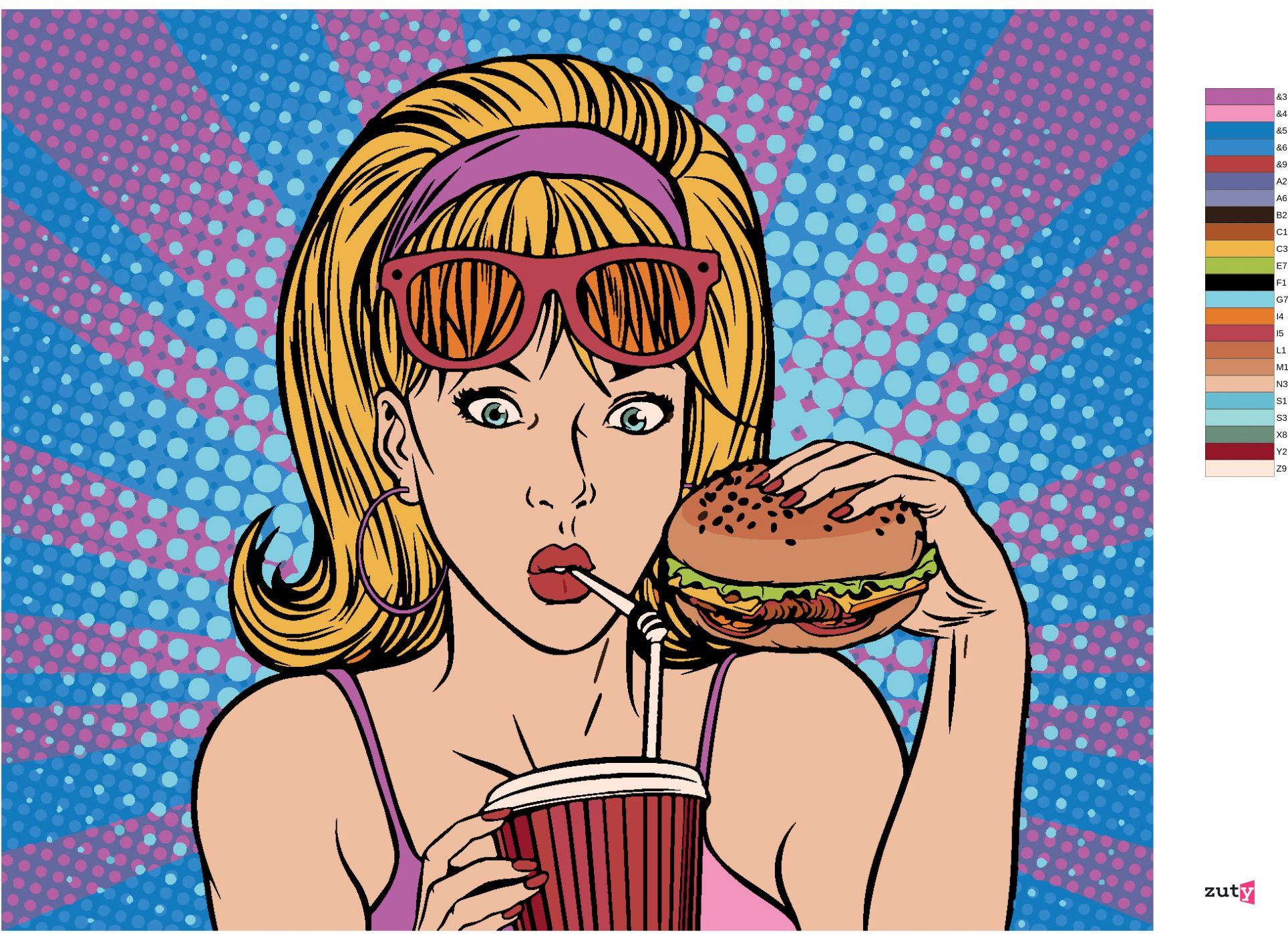 zuty Malování podle čísel - POP-ART ŽENA VE FASTFOODU - Rozměr: 40x50 cm, Rámování: Varianta: bez rámu a bez vypnutí plátna - obrázek 7