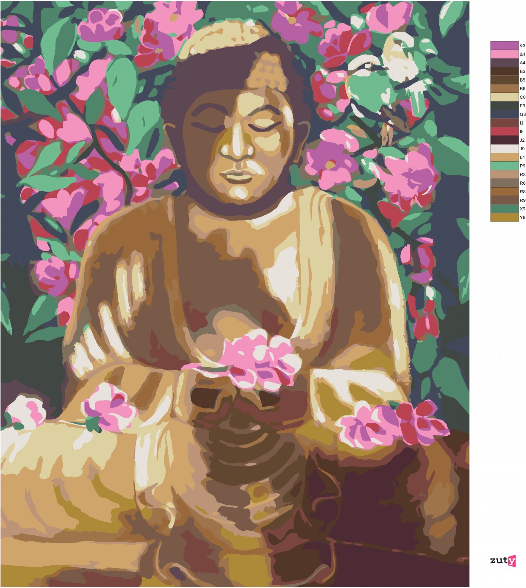 zuty Malování podle čísel - BUDDHA OBKLOPENÝ KVĚTINAMI - Rozměr: 40x50 cm, Rámování: Varianta: bez rámu a bez vypnutí plátna - obrázek 10