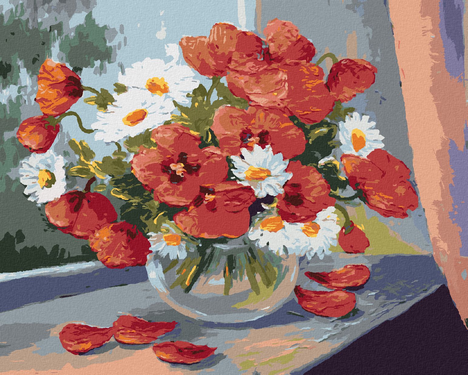 zuty Malování podle čísel - KOPRETINY A VLČÍ MÁKY NA OKNĚ - Rozměr: 40x50 cm, Rámování: Varianta: vypnuté plátno na rám - obrázek 1