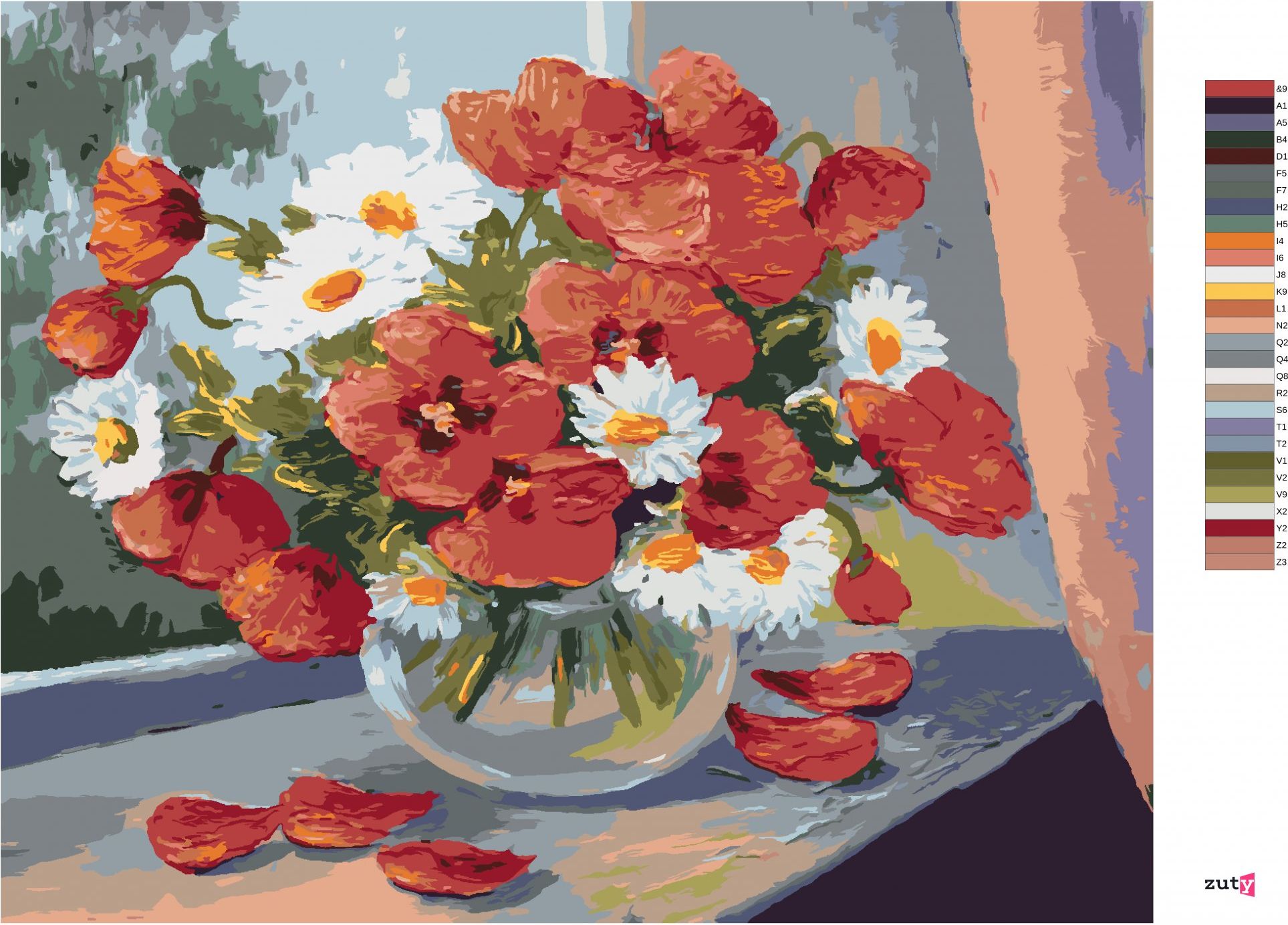 zuty Malování podle čísel - KOPRETINY A VLČÍ MÁKY NA OKNĚ - Rozměr: 40x50 cm, Rámování: Varianta: vypnuté plátno na rám - obrázek 8