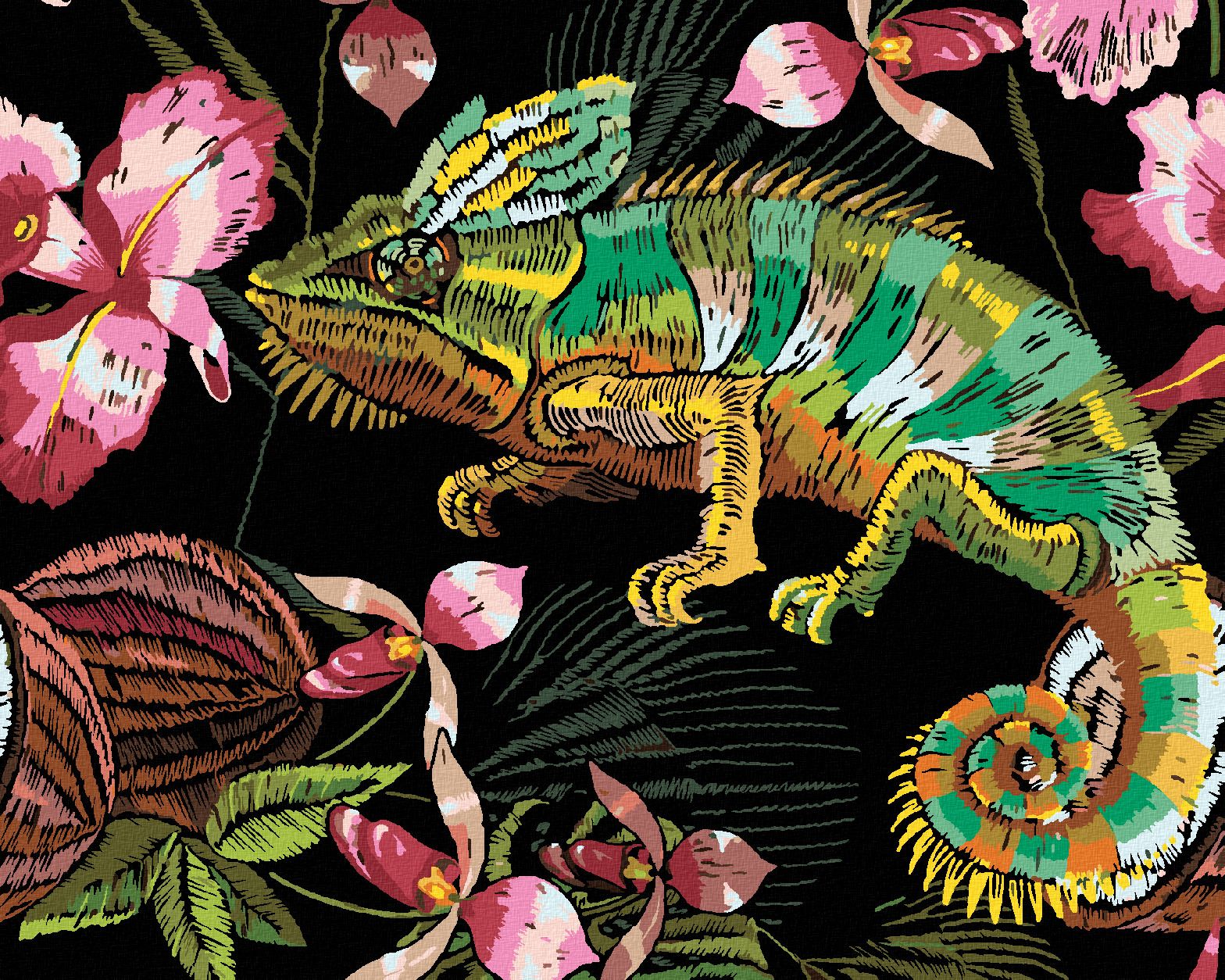zuty Malování podle čísel - CHAMELEON A ORCHIDEJE - Rozměr: 40x50 cm, Rámování: Varianta: bez rámu a bez vypnutí plátna - obrázek 1