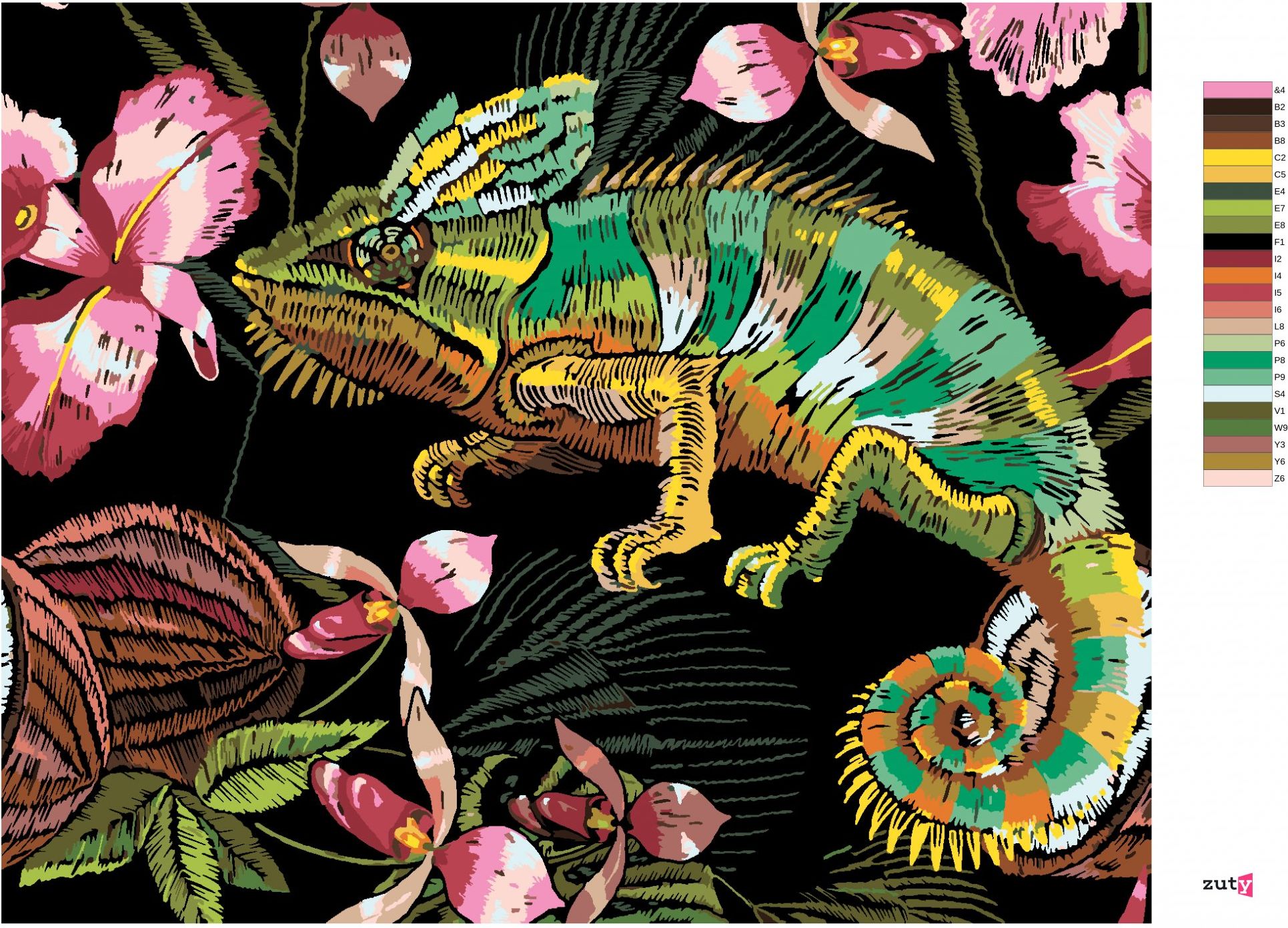 zuty Malování podle čísel - CHAMELEON A ORCHIDEJE - Rozměr: 40x50 cm, Rámování: Varianta: bez rámu a bez vypnutí plátna - obrázek 7